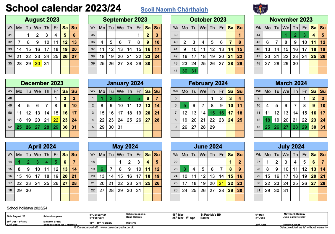 23/24 School Calendar — Scoil Naomh Chárthaigh