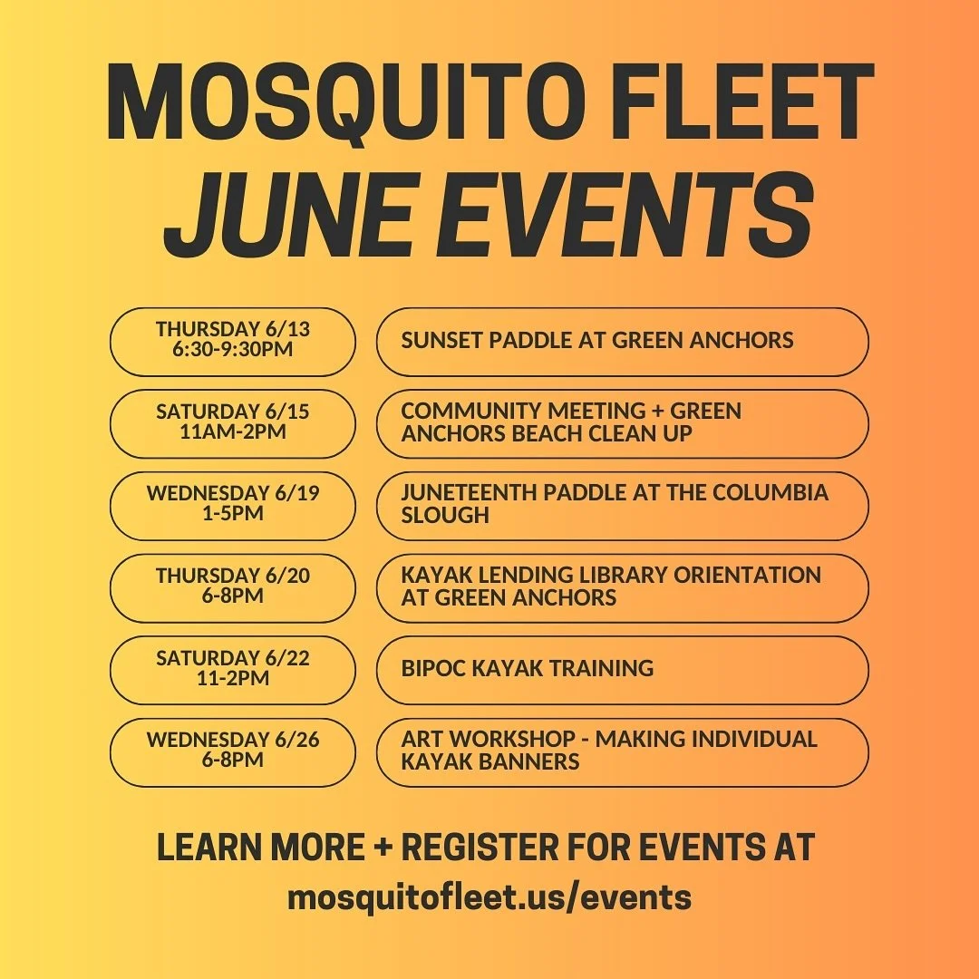 💫Mosquito Fleet June events are here 💫 Get more info and register for events through our website or the link in our bio! 

Thursday 6/13, 6:30-9:30pm - Sunset Paddle at Green Anchors 🌅

Saturday 6/15, 11am-2pm - Community Meeting + @greenanchorspd