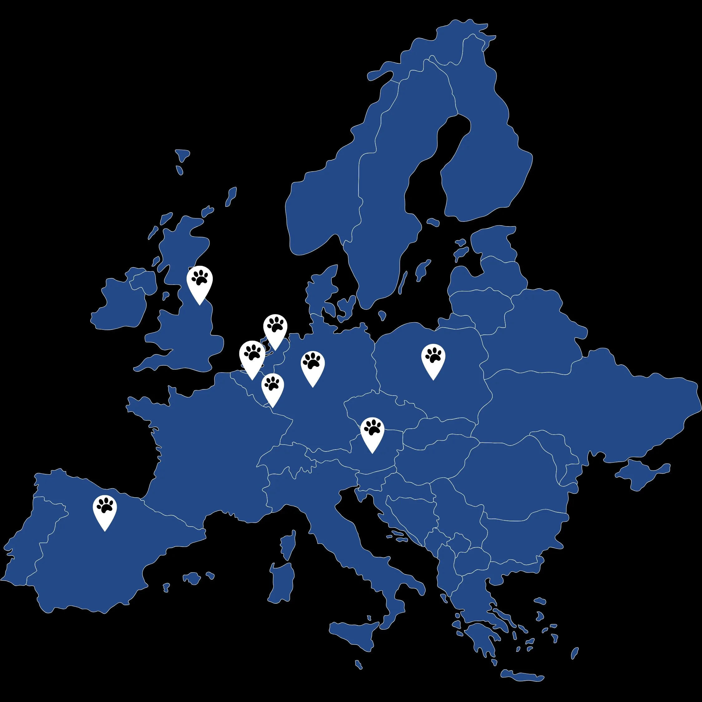 Een kaart van Europa met locatiepinnen met een hondenpootafdruk, verspreid over verschillende landen. Vanuit deze landen komen klanten naar honden fotografie syudio motherpupers.