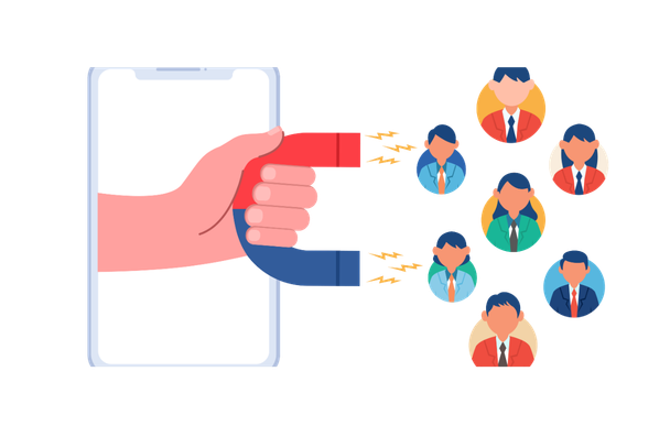 Kuvituskuva liidien hankinnasta: älypuhelimesta ulottuva käsi pitää magneettia, joka vetää puoleensa useita eri värisiä henkilöikoneita, symboloiden potentiaalisten asiakkaiden houkuttelua.