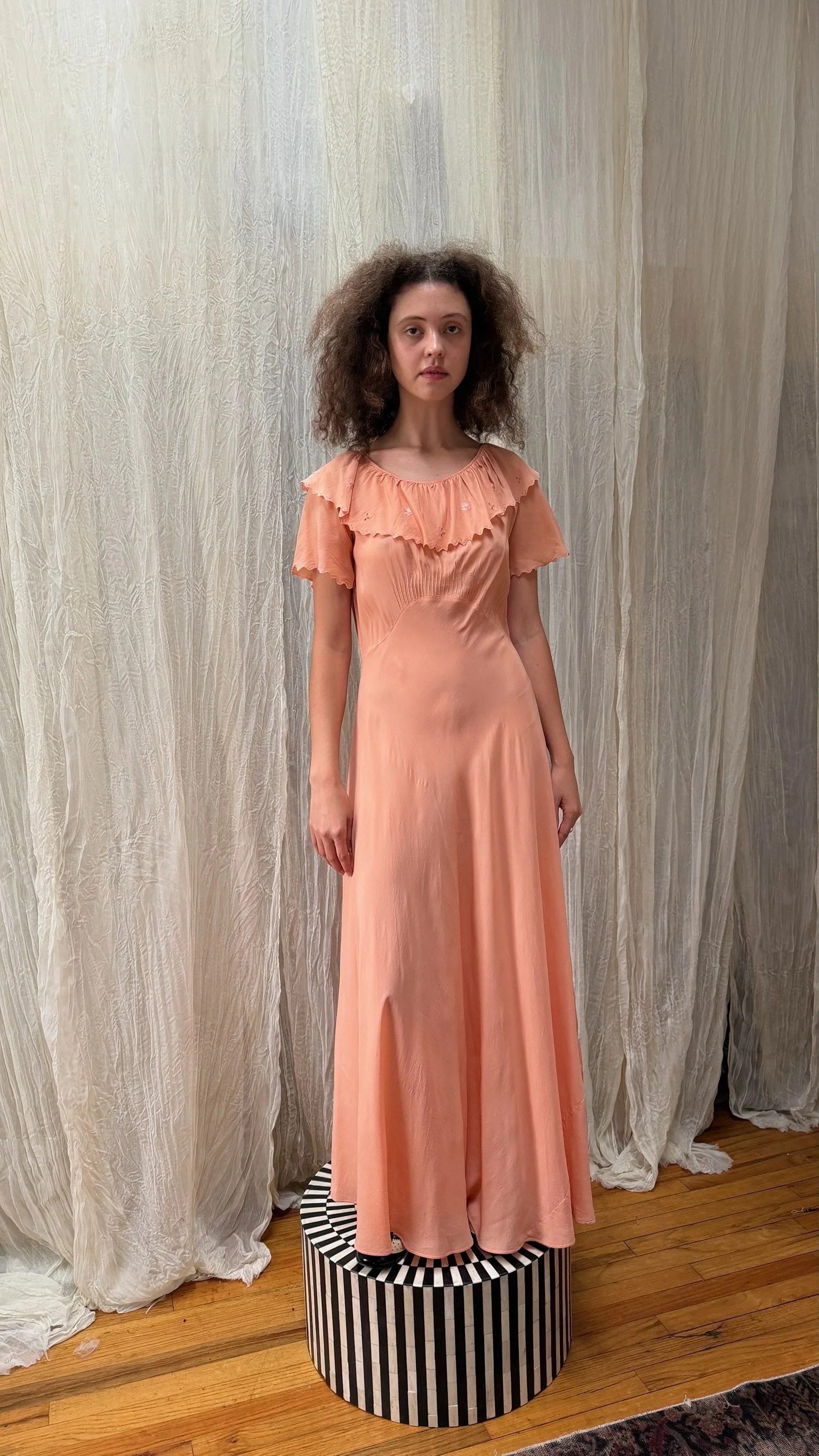 1930s pink silk ruffle slip (XS-M)