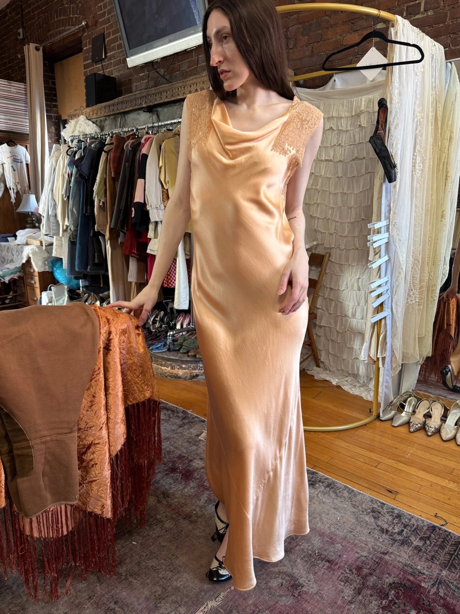 1930s silk and lace cowl neck gown (S-M)