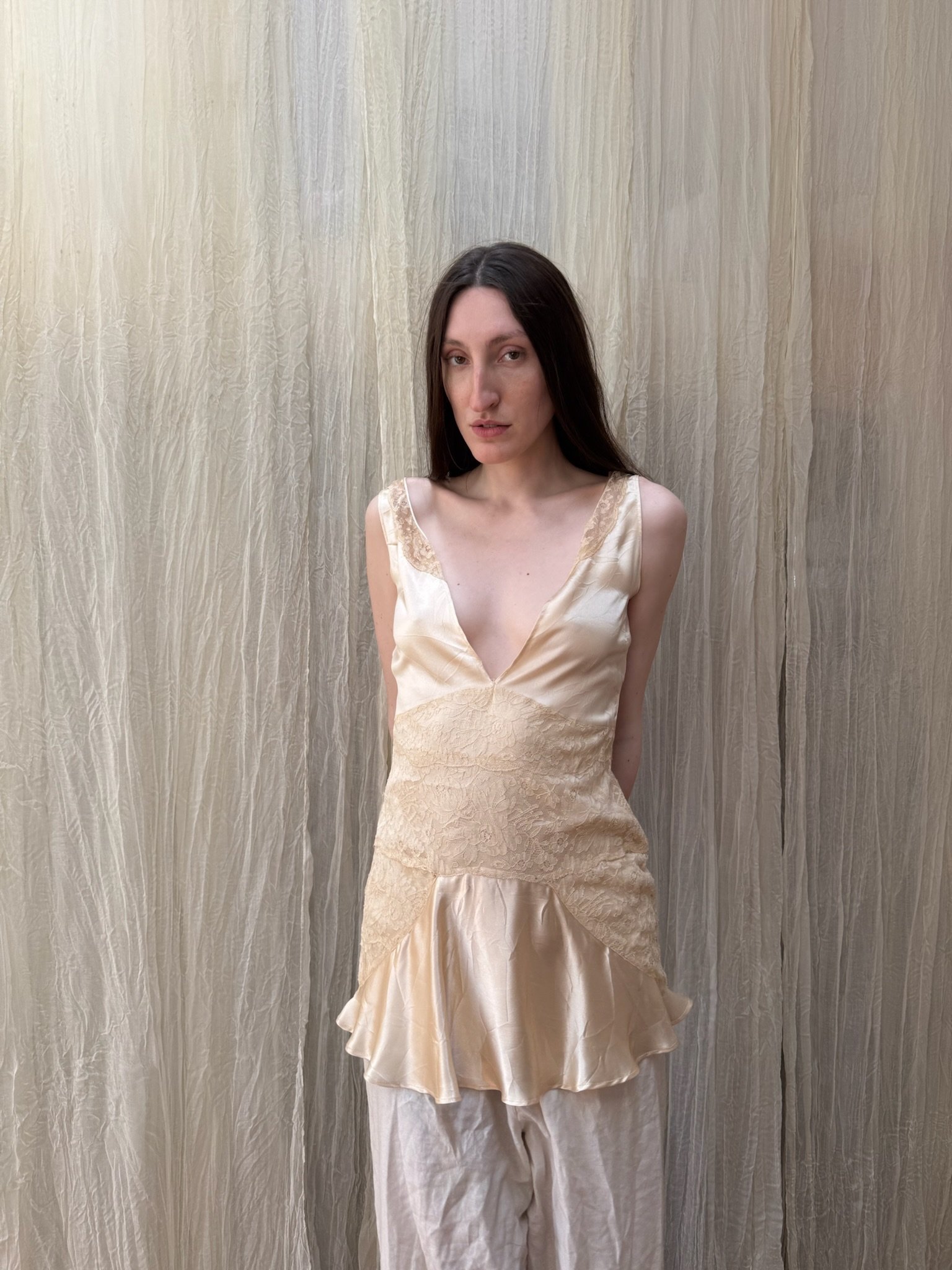 1930s converted satin and lace mini plunge dress (XS-S)