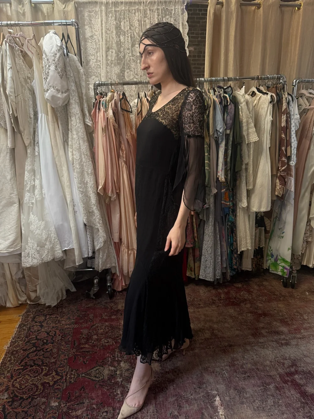 1920s chiffon dress silk lace (S-M) — Farmer's Daughter speakeasy events Light blue chiffon dress with