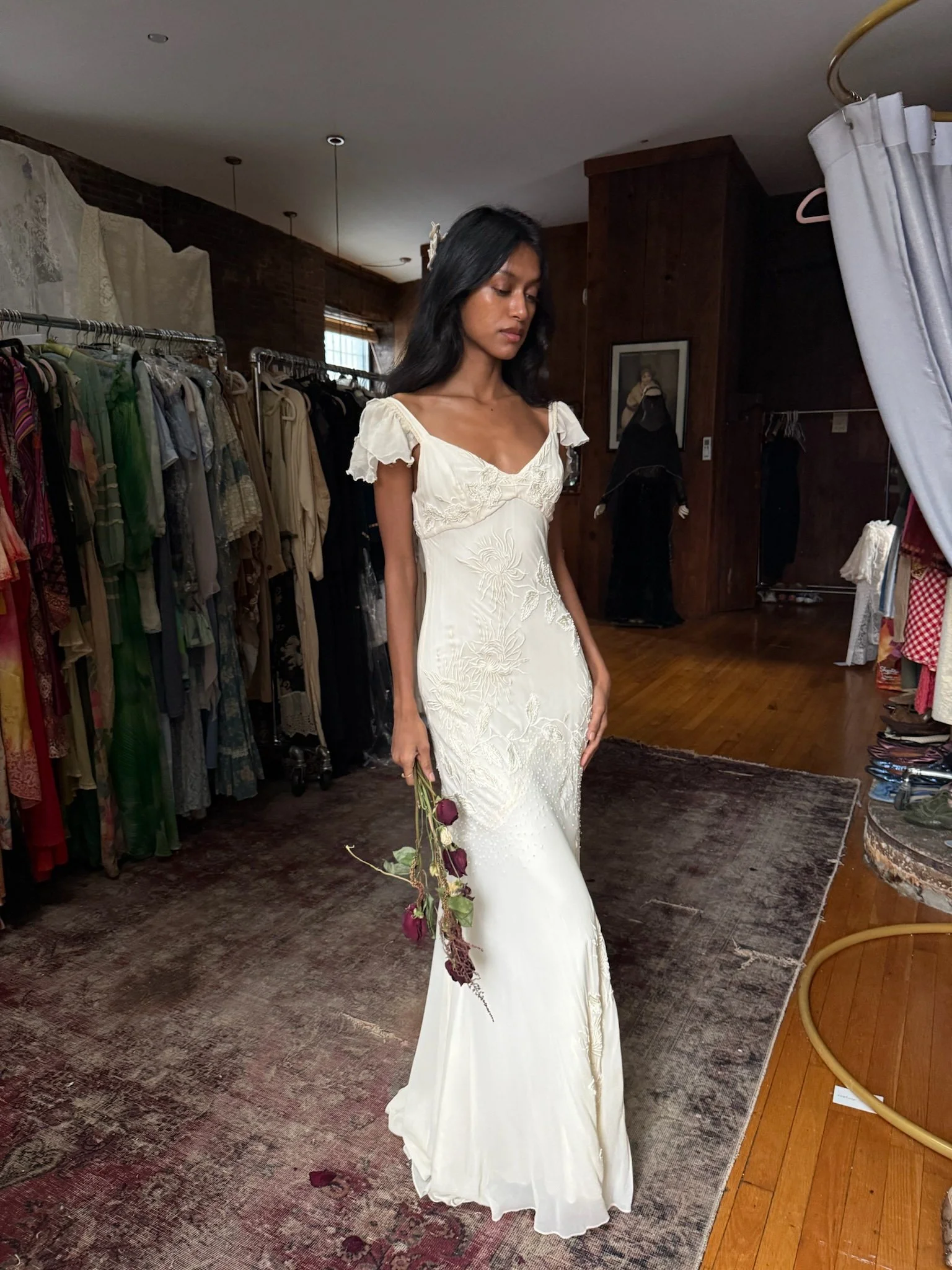 90s silk flutter sleeve bridal gown (XS)