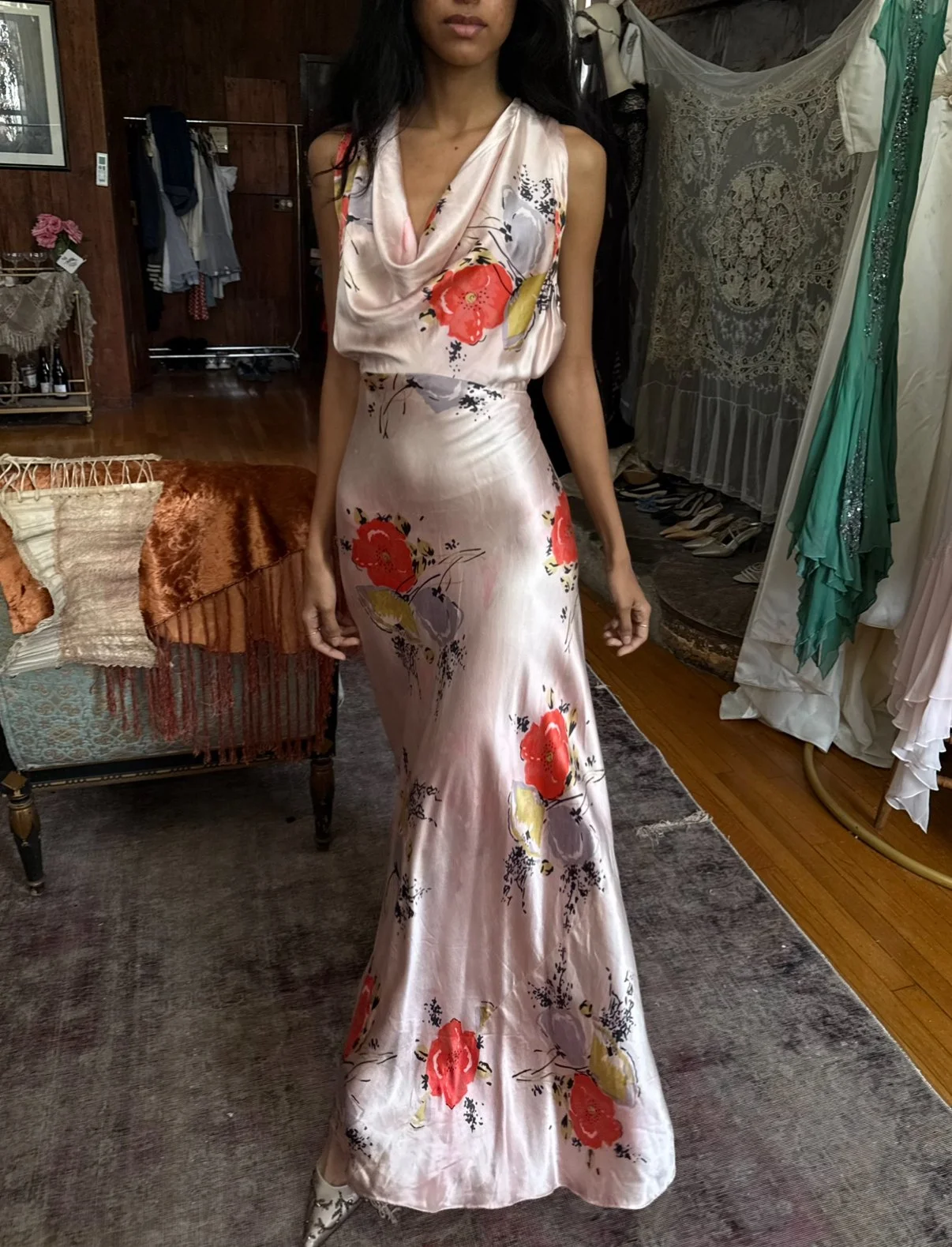 1930s silk bias cut floral gown (XS-M)