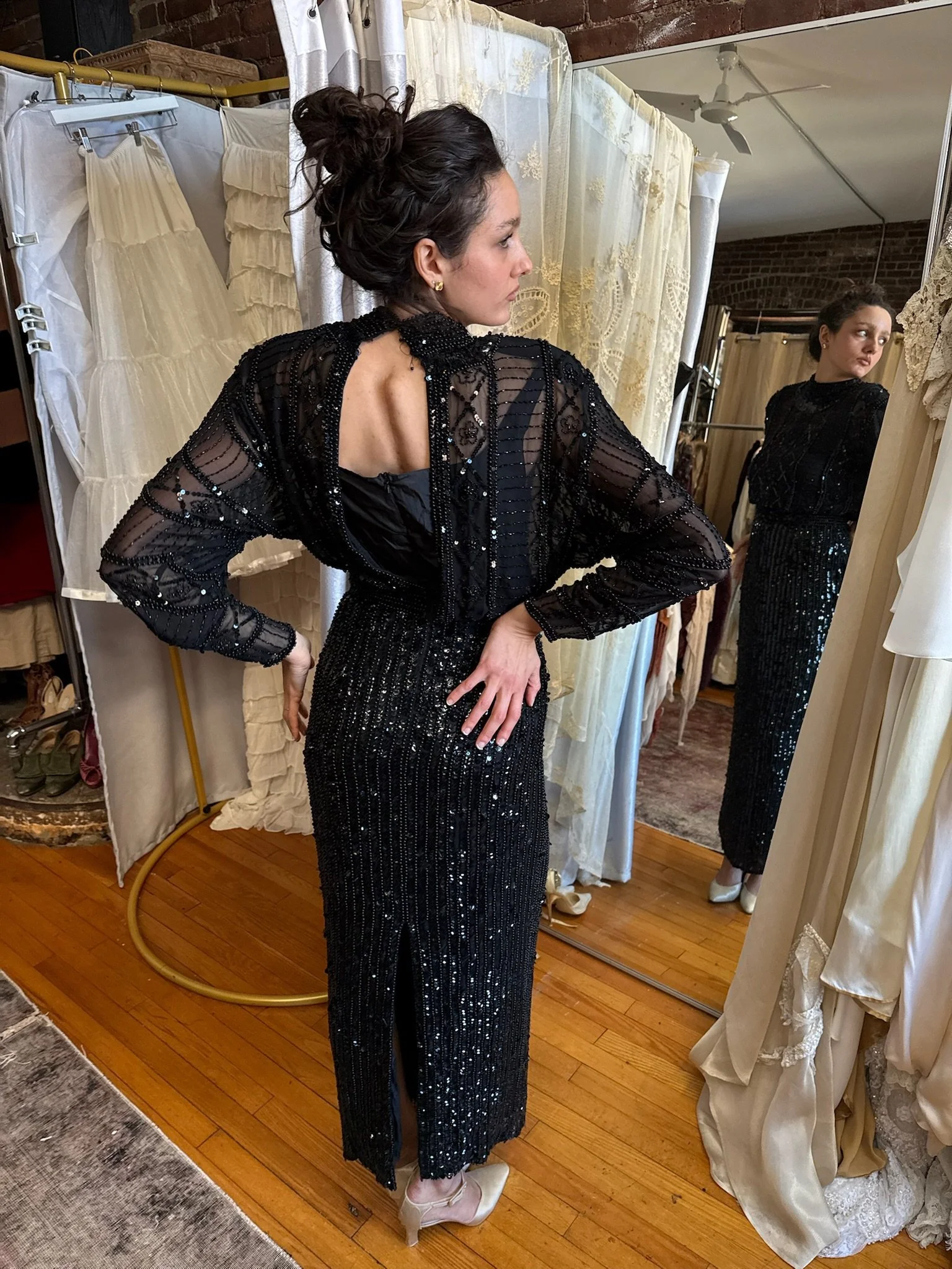 1980s black beaded gown (XS-S)