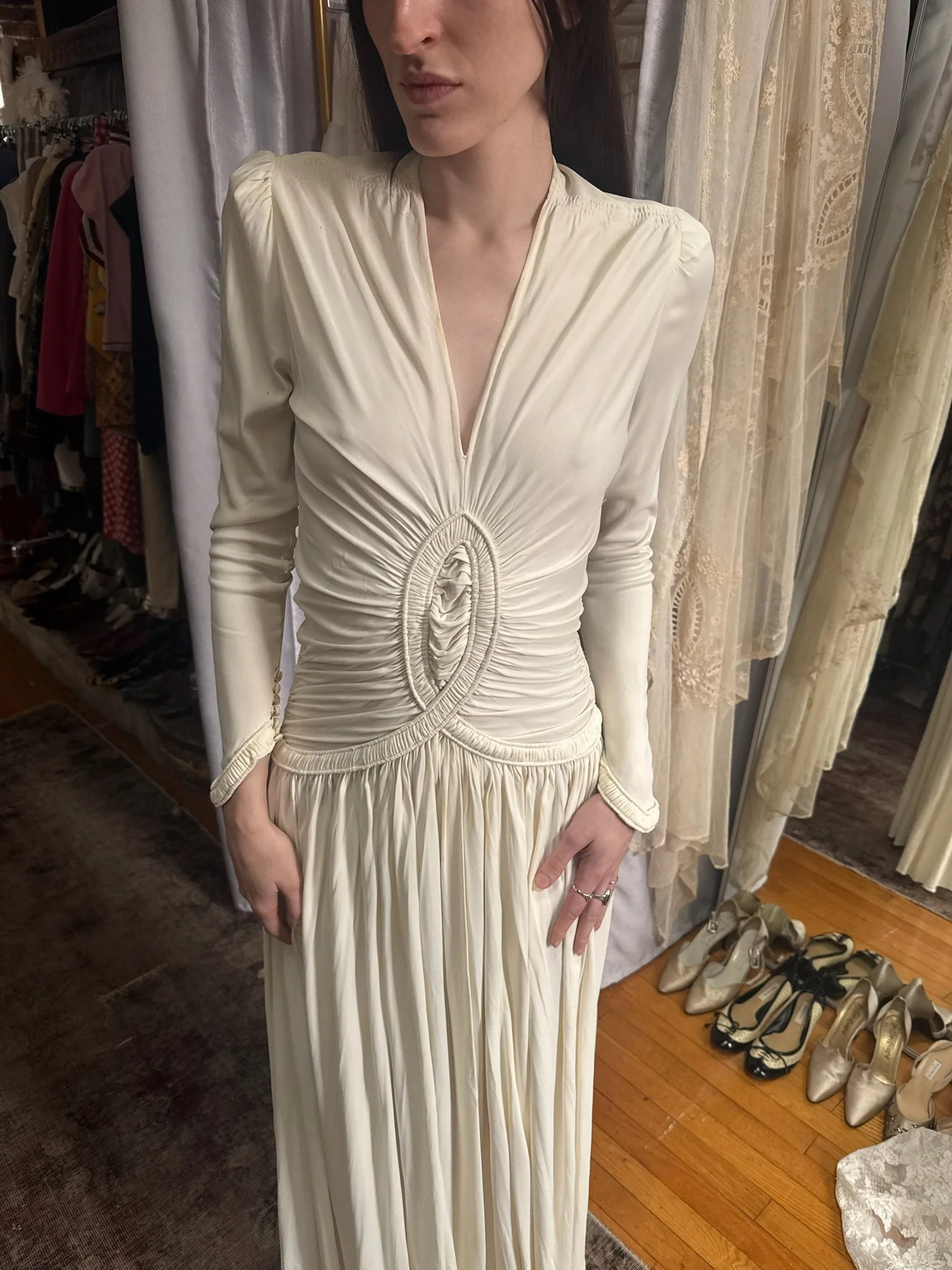 1940s ruched white jersey gown (XS-S)