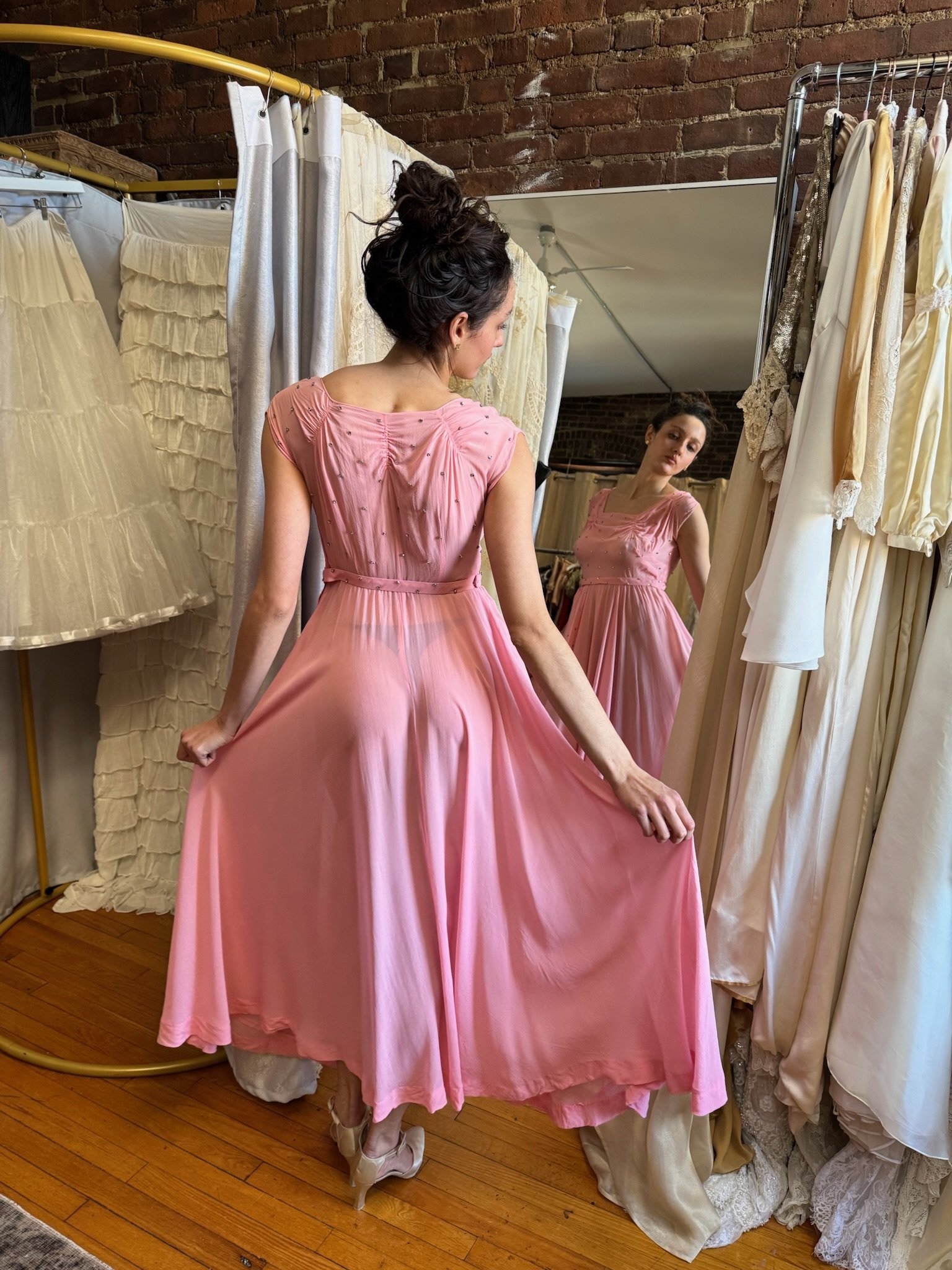 1940s silk chiffon pink diamonte dress (S)
