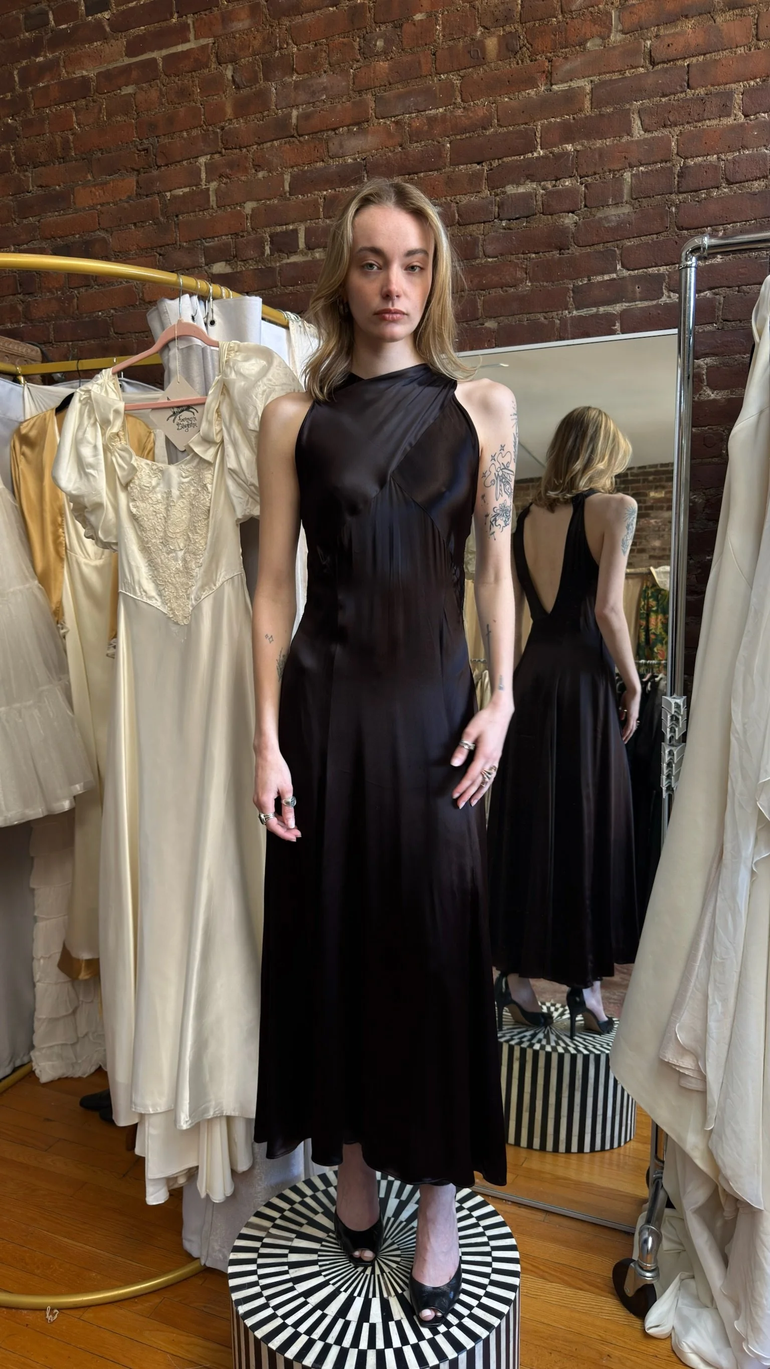 1930s sleek silk satin cross neck gown (XS)