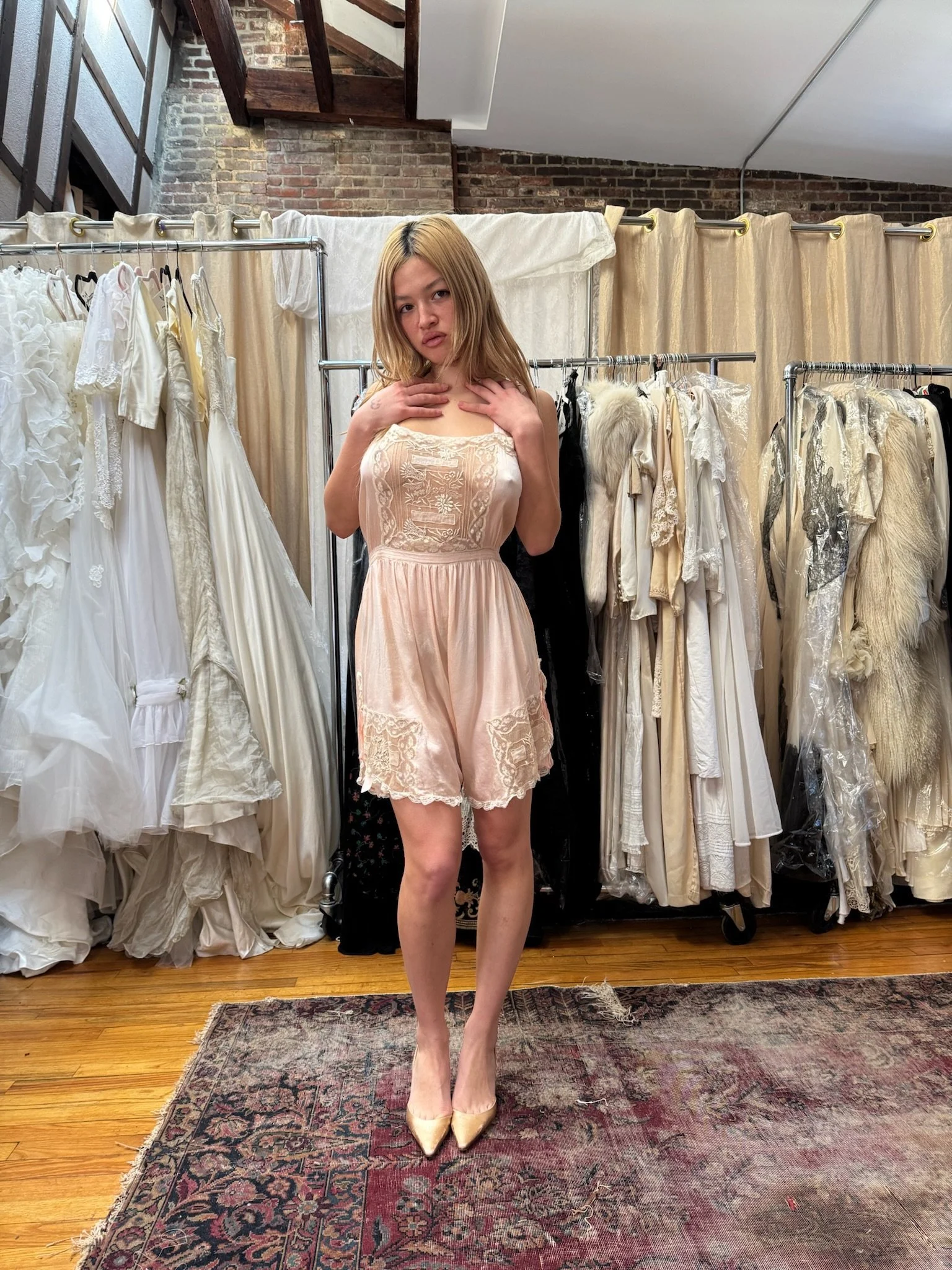 1920s baby pink silk and lace step in (XS-S)
