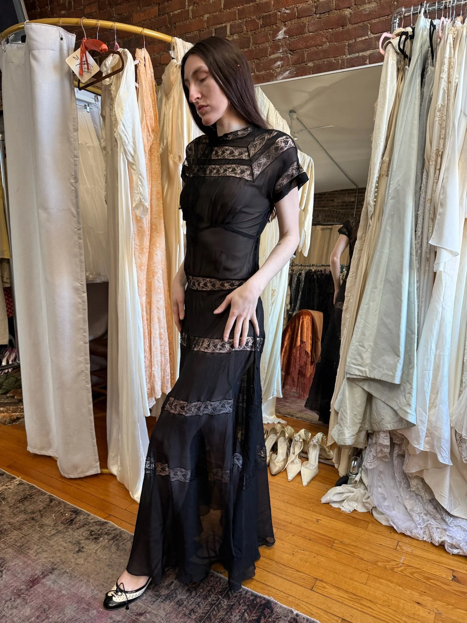 1930/40s tiered lace and silk chiffon dress (S)