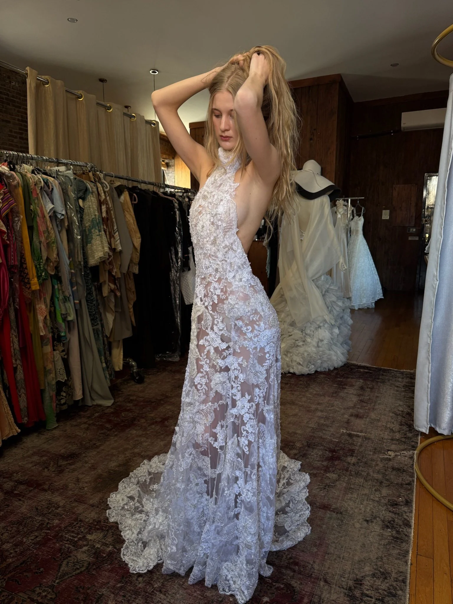 custom ethereal floral lace halter bridal gown (XS-M)