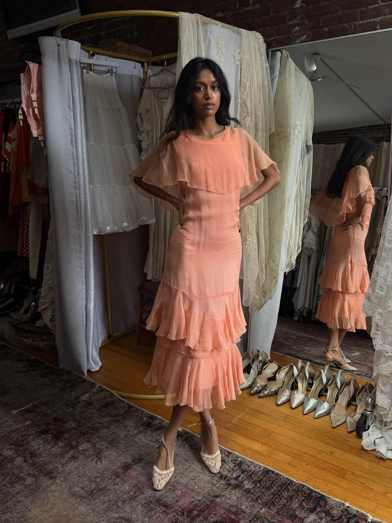 1920s crinkled coral silk chiffon dress (XXS)