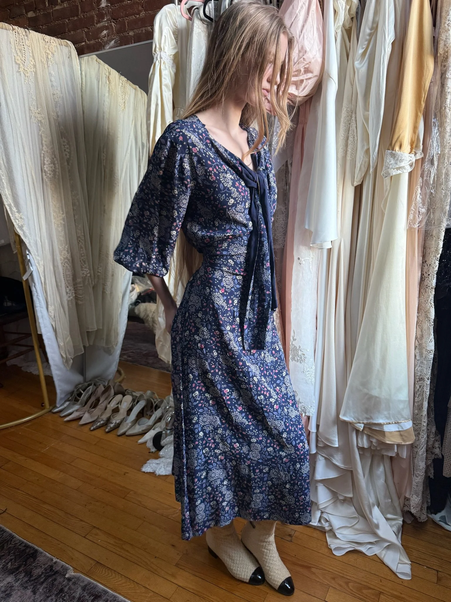 1940s blue floral dress (XS-M)