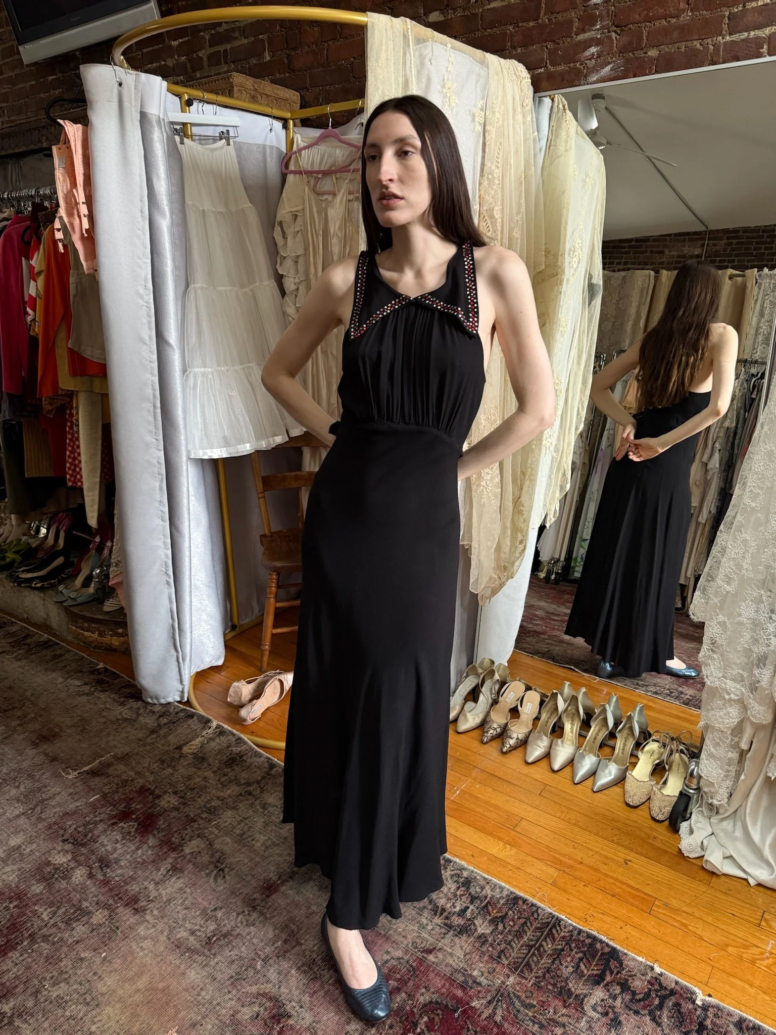 1940s black crepe diamonte dress (S-M)