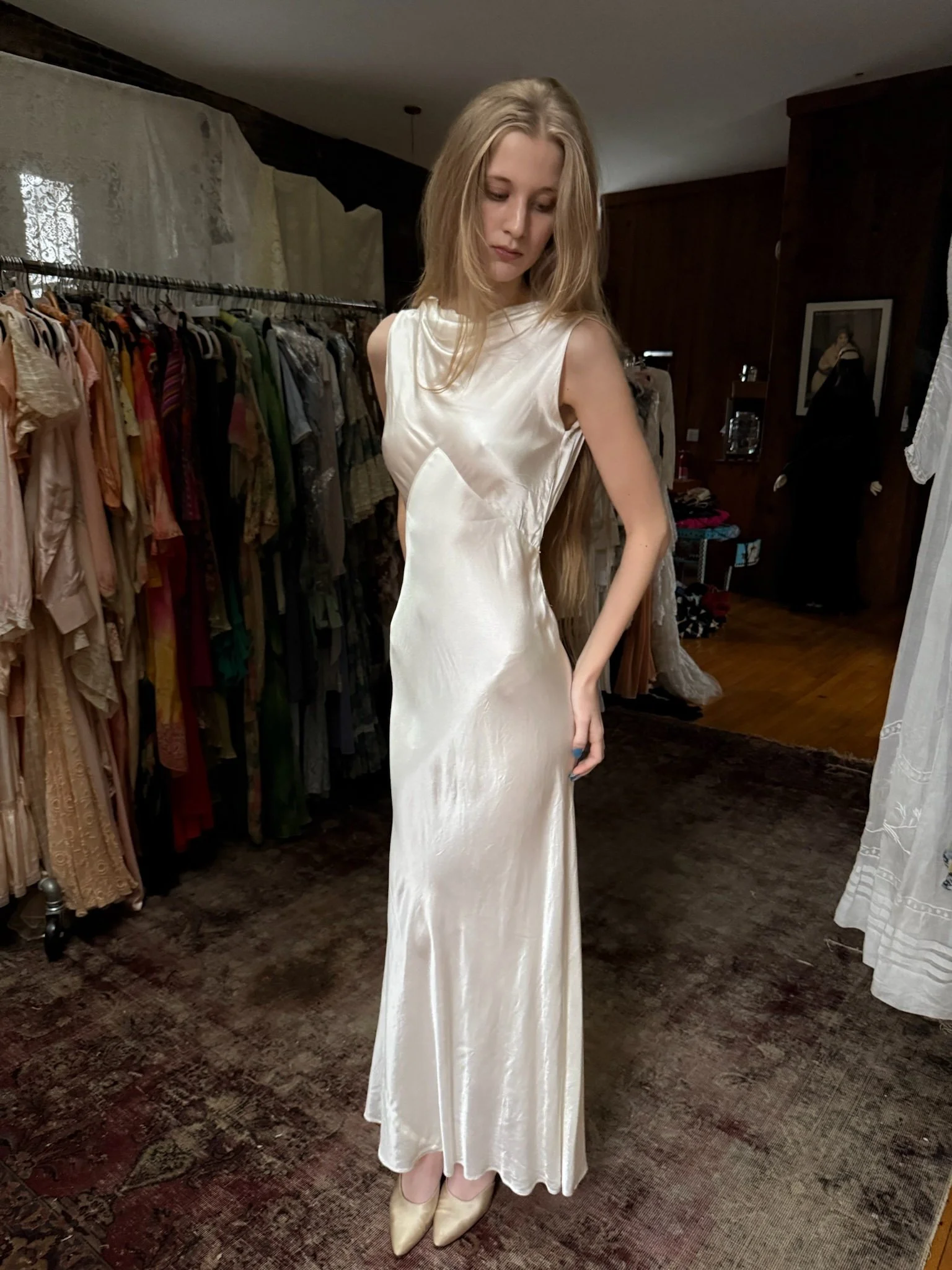 1930s white silk satin bias cut gown (XS-S)