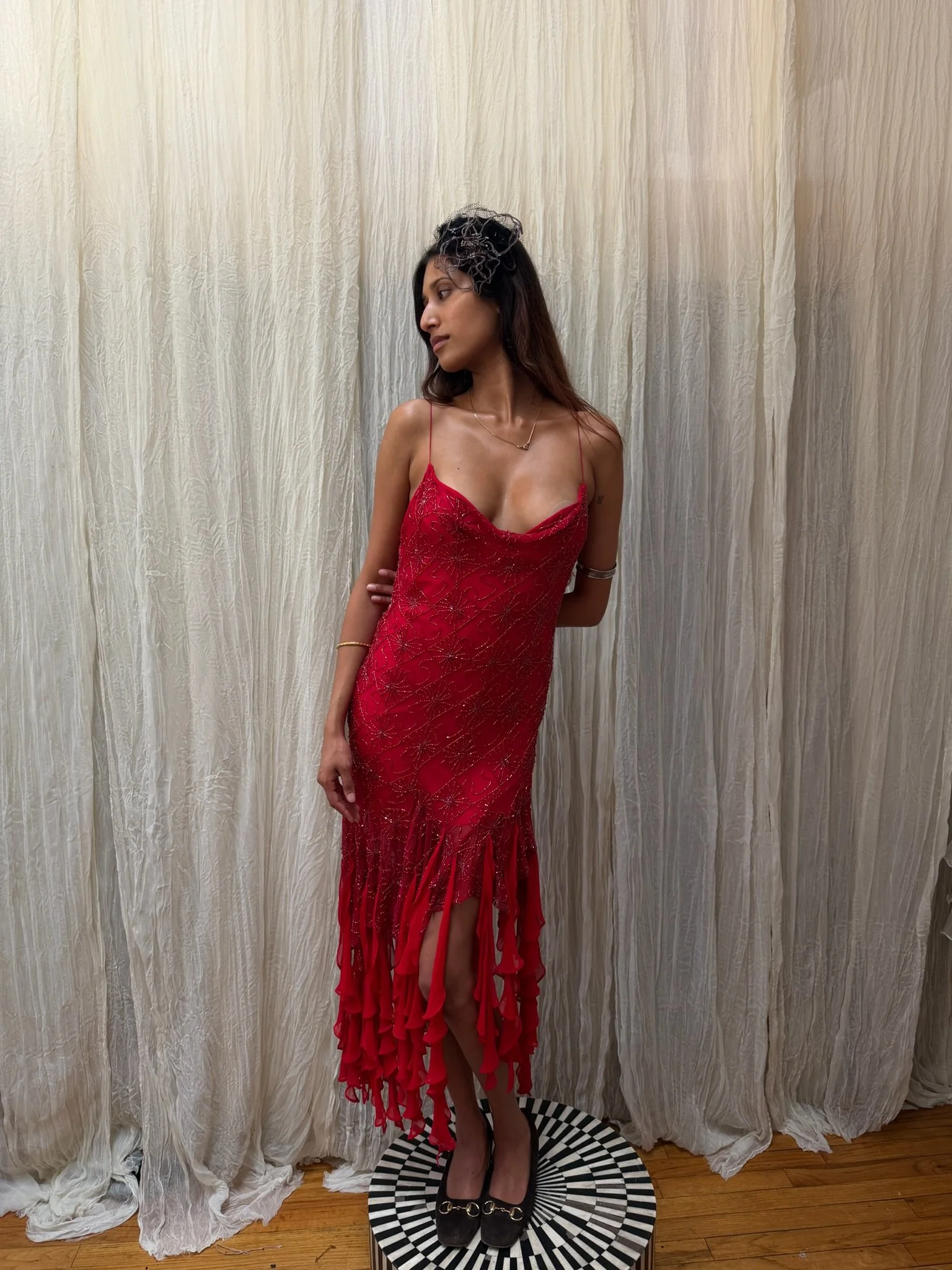 red sexy slinky beaded dress (s-m)
