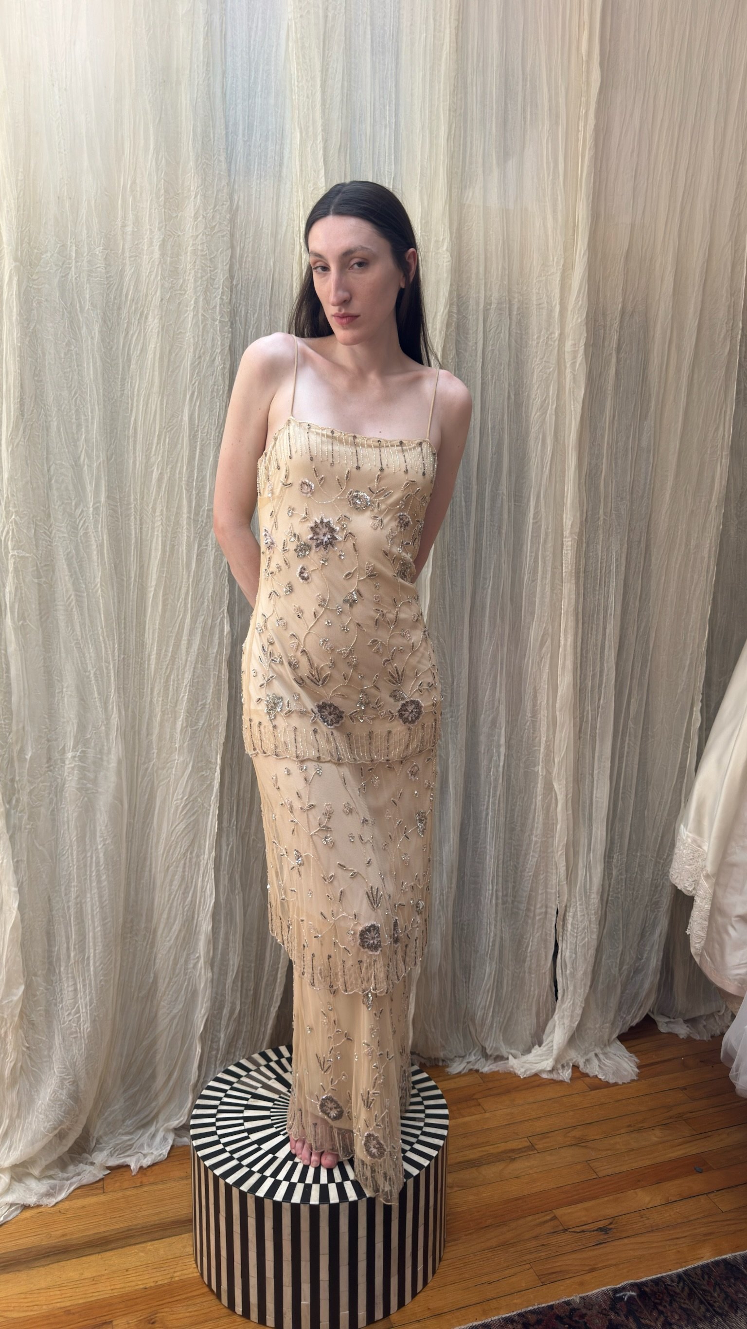 tiered beaded cream gown (XS-S)