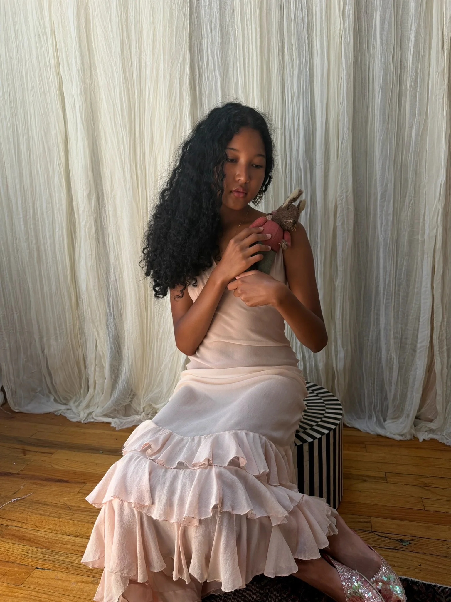1930s peach chiffon ruffle dress (xs)