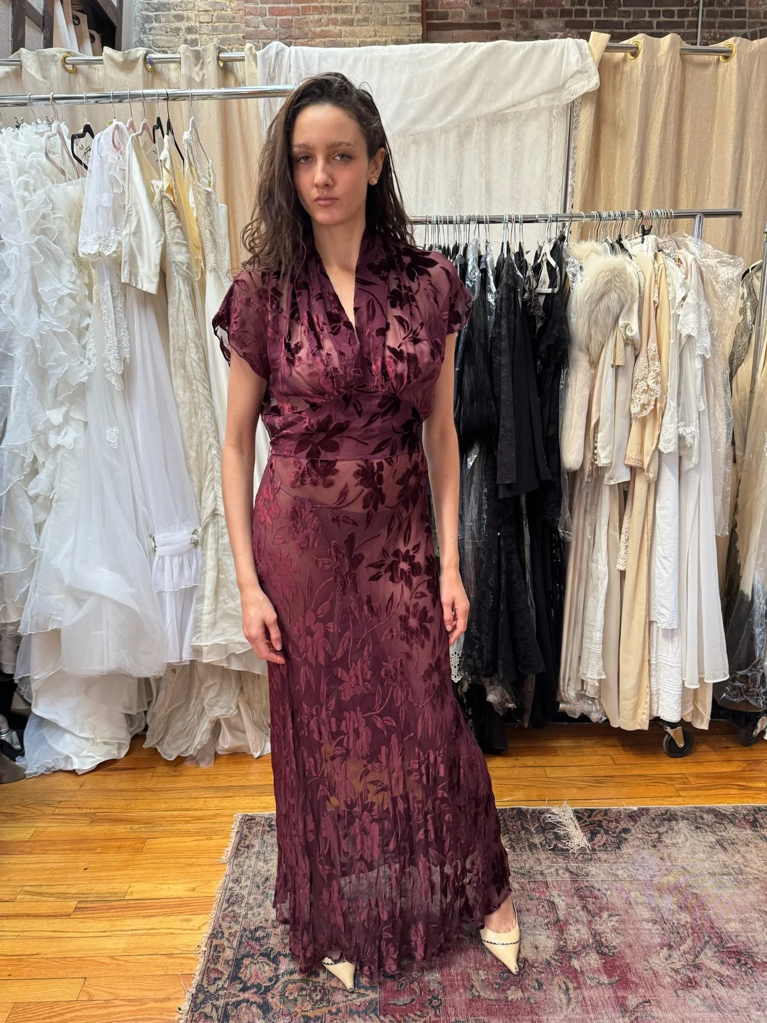 1930/40s mulberry devore silk velvet gown (XS-L)