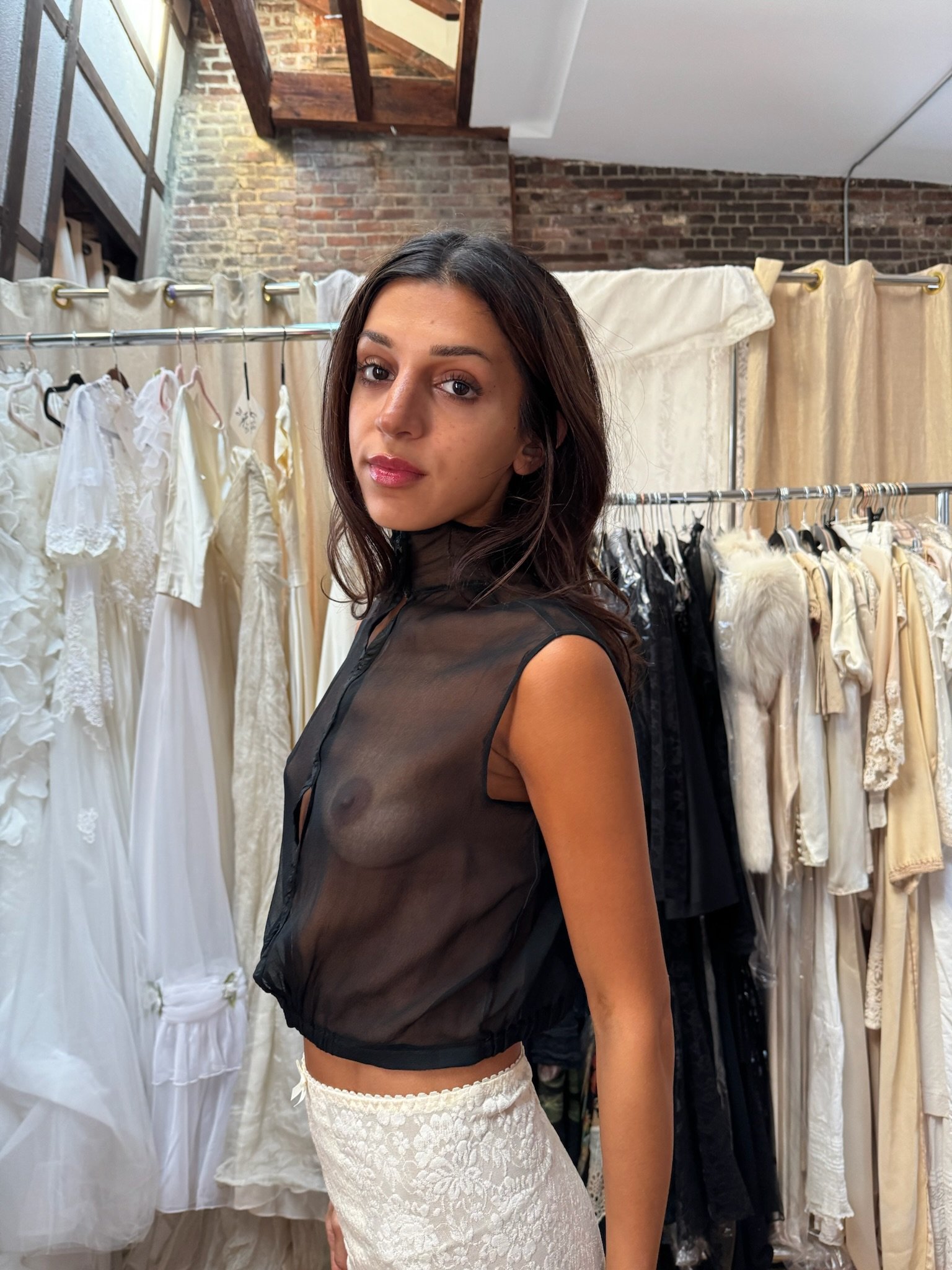 antique silk chiffon black top (XXS-S)