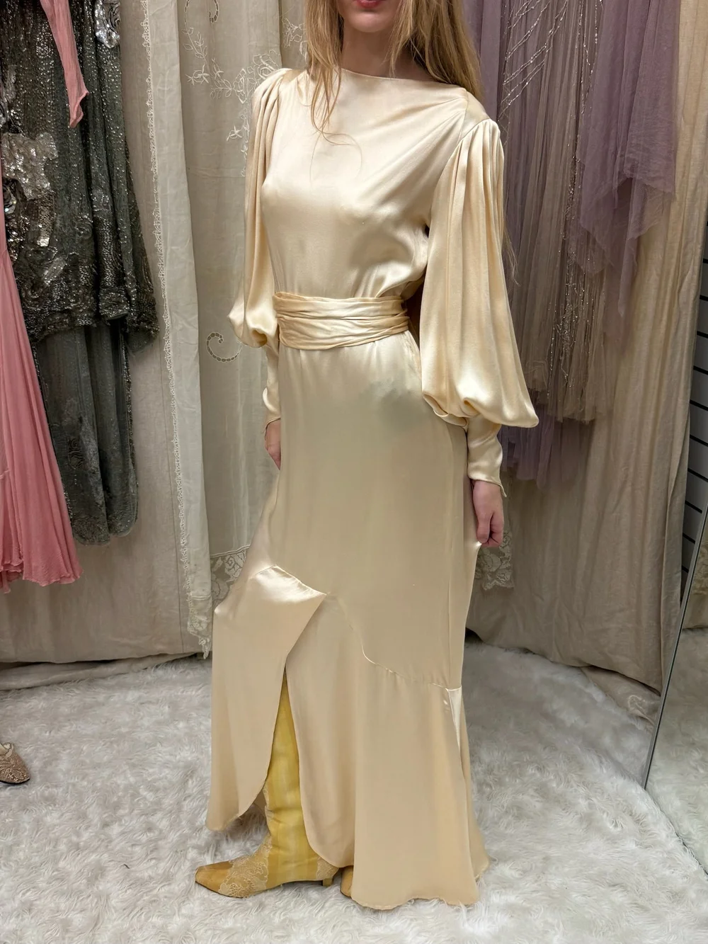 gold silk long sleeve dress MORANE golden jacquard long romantic silk dress with puffy sleeves   Maisoncleo