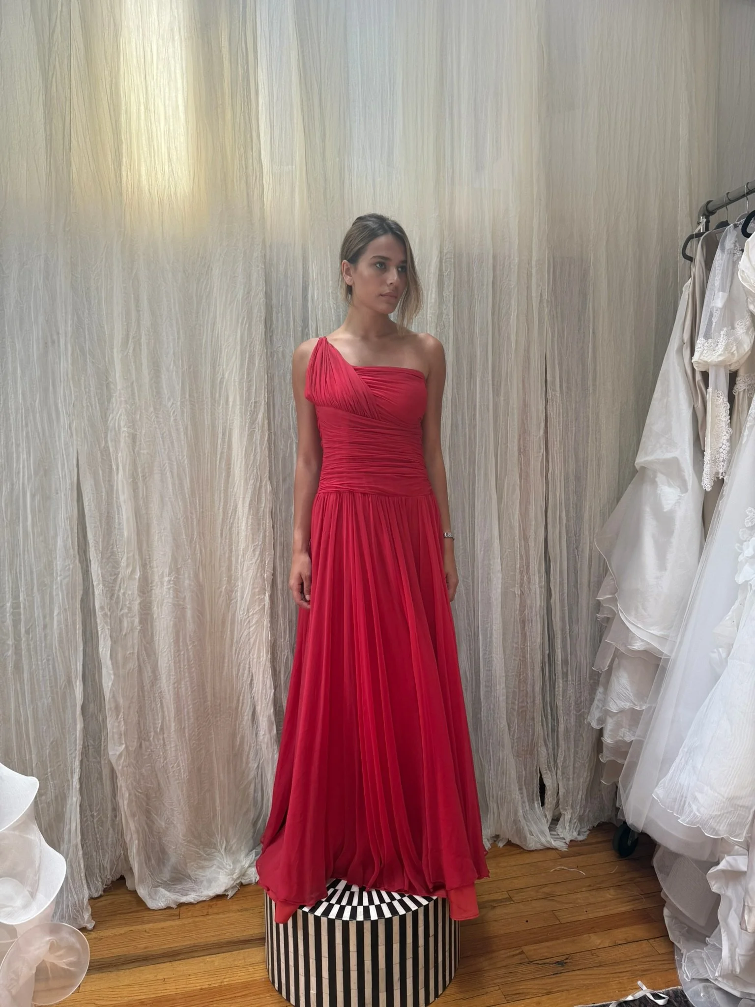 1950s one shoulder red silk chiffon gown (XS)