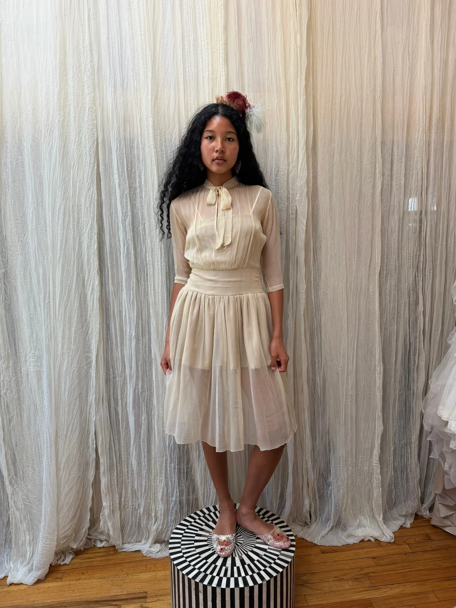 cream chiffon dress (XS-S)