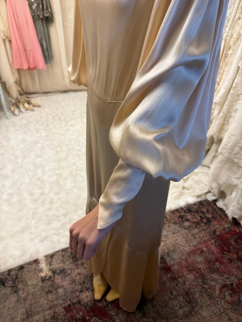 beige silk dress with sleeves Beige Long Sleeve Silk Maxi Dress With V-neck for Proms and Weddings