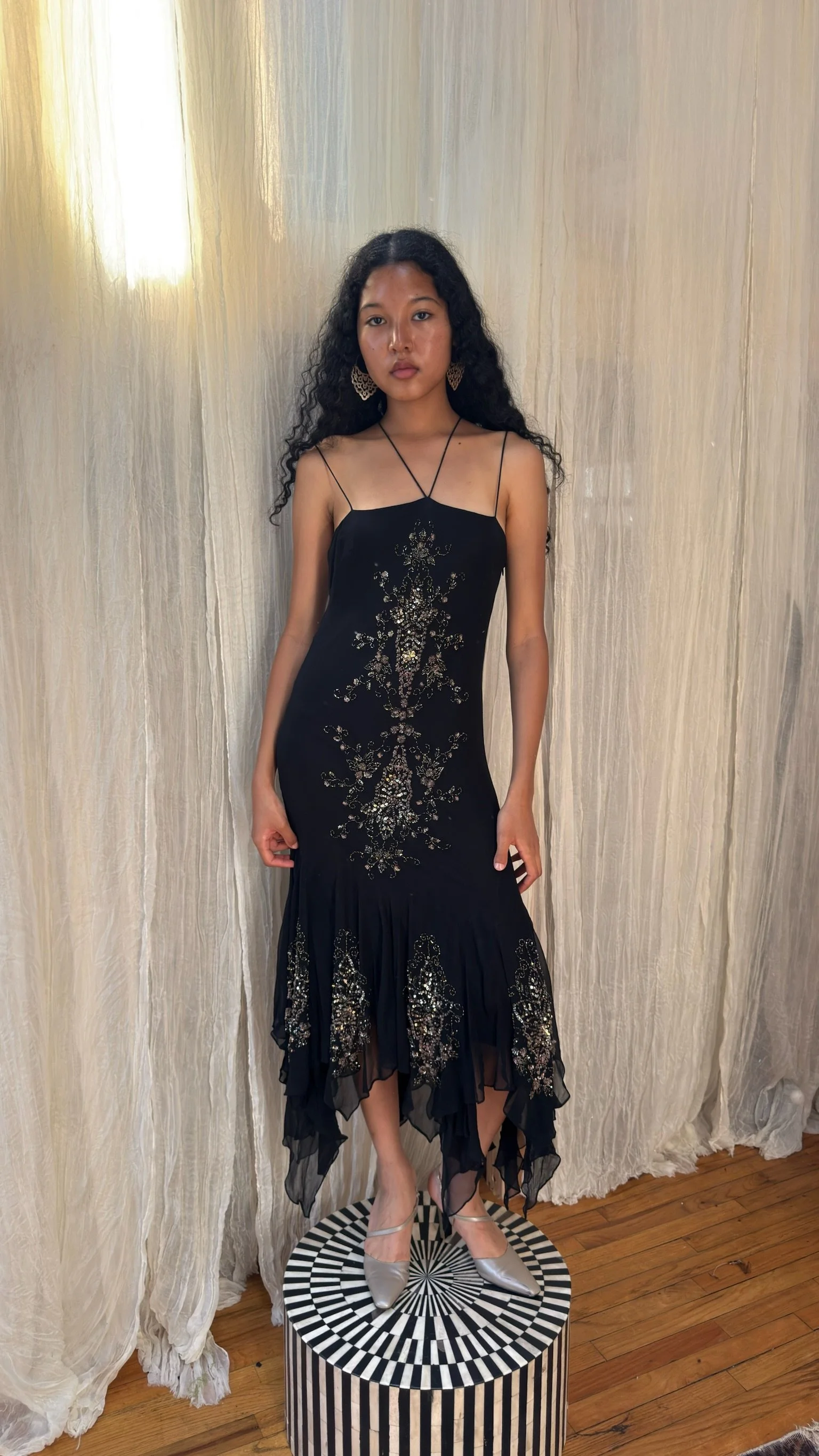 beaded black slinky bias cut dress (XS-M)