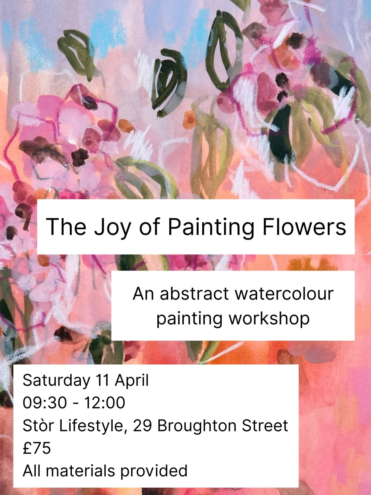 🌸 The Joy of Painting Flowers 🌸 
 
Join me for a relaxed and inspiring abstract watercolour workshop this spring, where we&rsquo;ll be painting with seasonal flowers as our muse. We&rsquo;ll explore a range of techniques, with grounding practices t