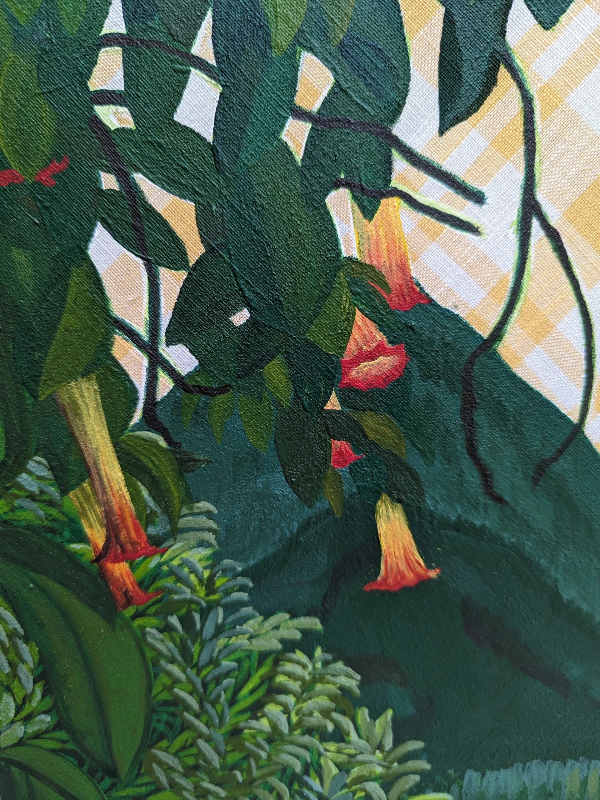 A cropped front view of a landscape painting. The sky is the fabric the artwork is  painted on, a yellow and white plaid material. Trumpet flowers hang in front of green mountains.