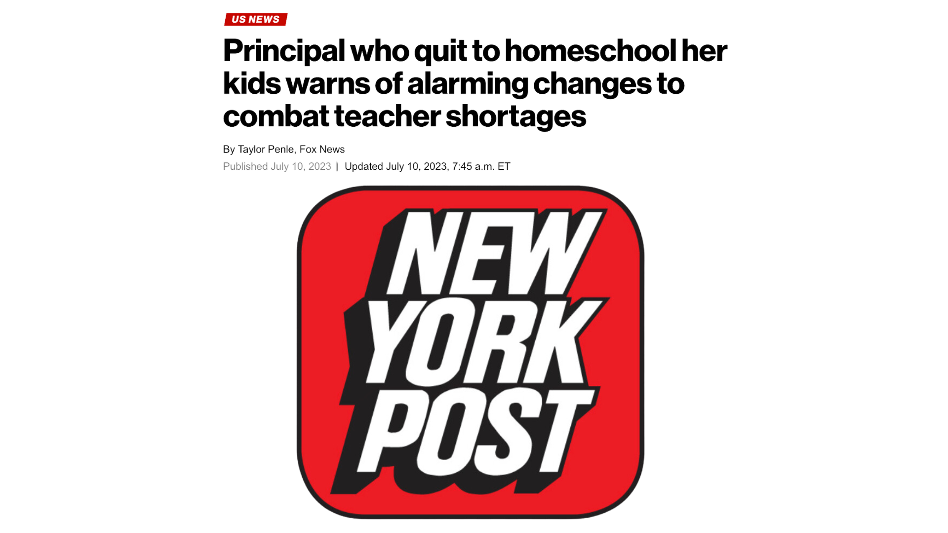 The image shows a news article with a headline about a principal who is working to address teacher shortages, accompanied by the logo of the New York Post.