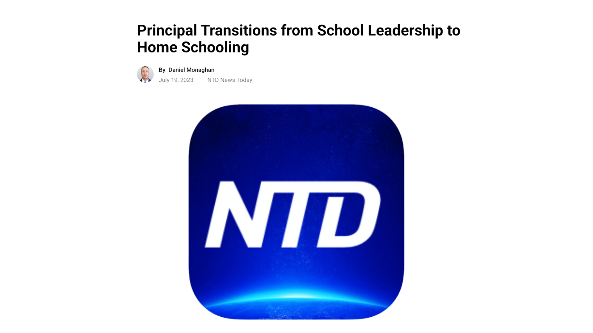 Cover image for a presentation called 'Principal transitions from school leadership to home-schooling' by Daniel Monaghan, featuring an app icon with the letters 'ND' on a blue background with a subtle glow effect.