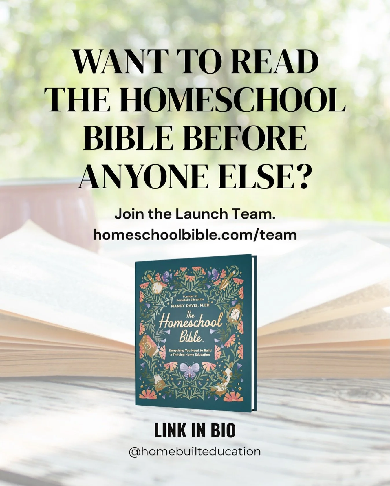 I&rsquo;m building a launch team &mdash; and I want you on it!

The Homeschool Bible releases April 7th. But a small group of readers is going to get early access to the full book, a private community with me, and behind-the-scenes content that nobod