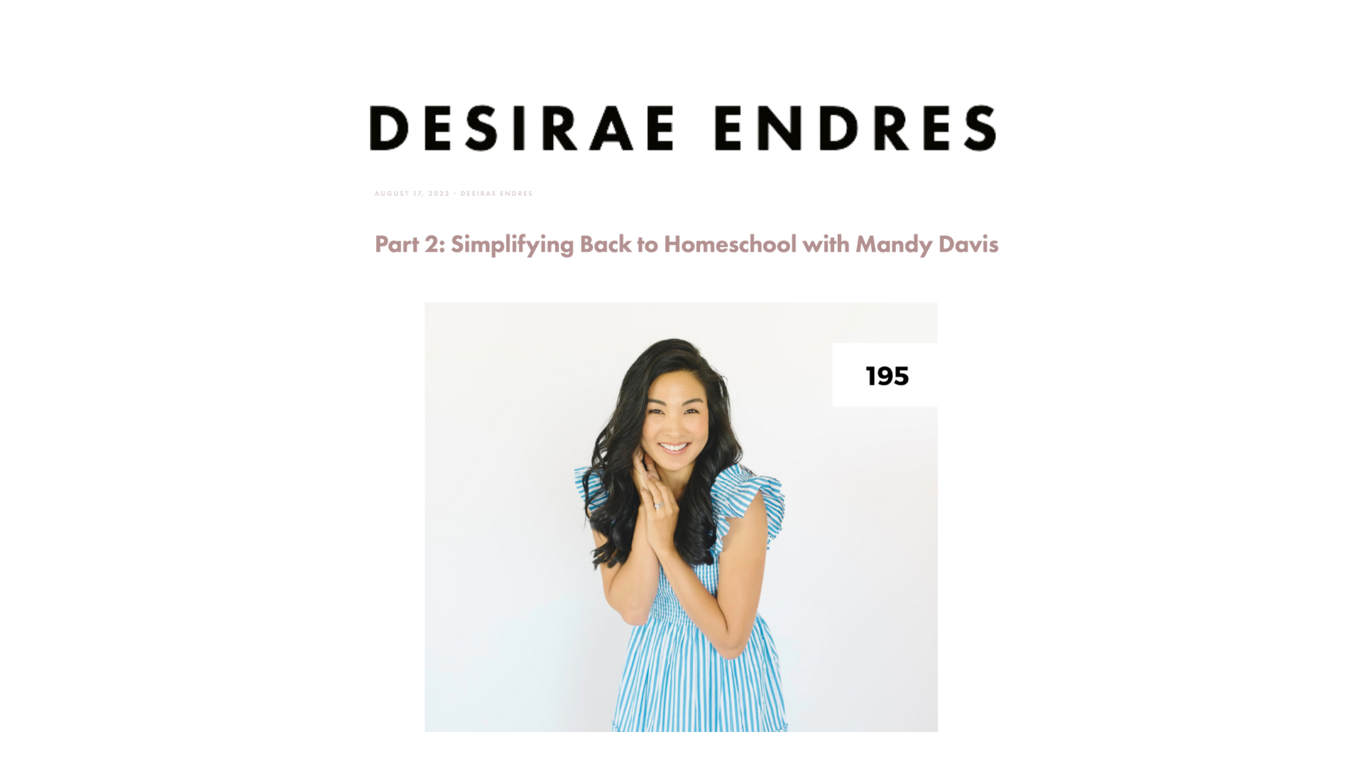 Web page titled "DESIRE ENDRES" featuring a smiling woman with long black hair wearing a blue and white striped dress, with the number 195 displayed