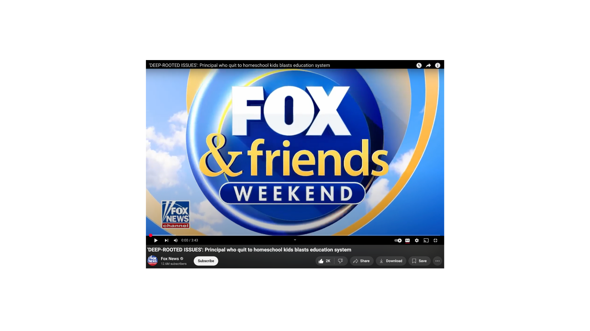 Fox & Friends Weekend logo on a blue sky background with clouds, part of a YouTube video.
