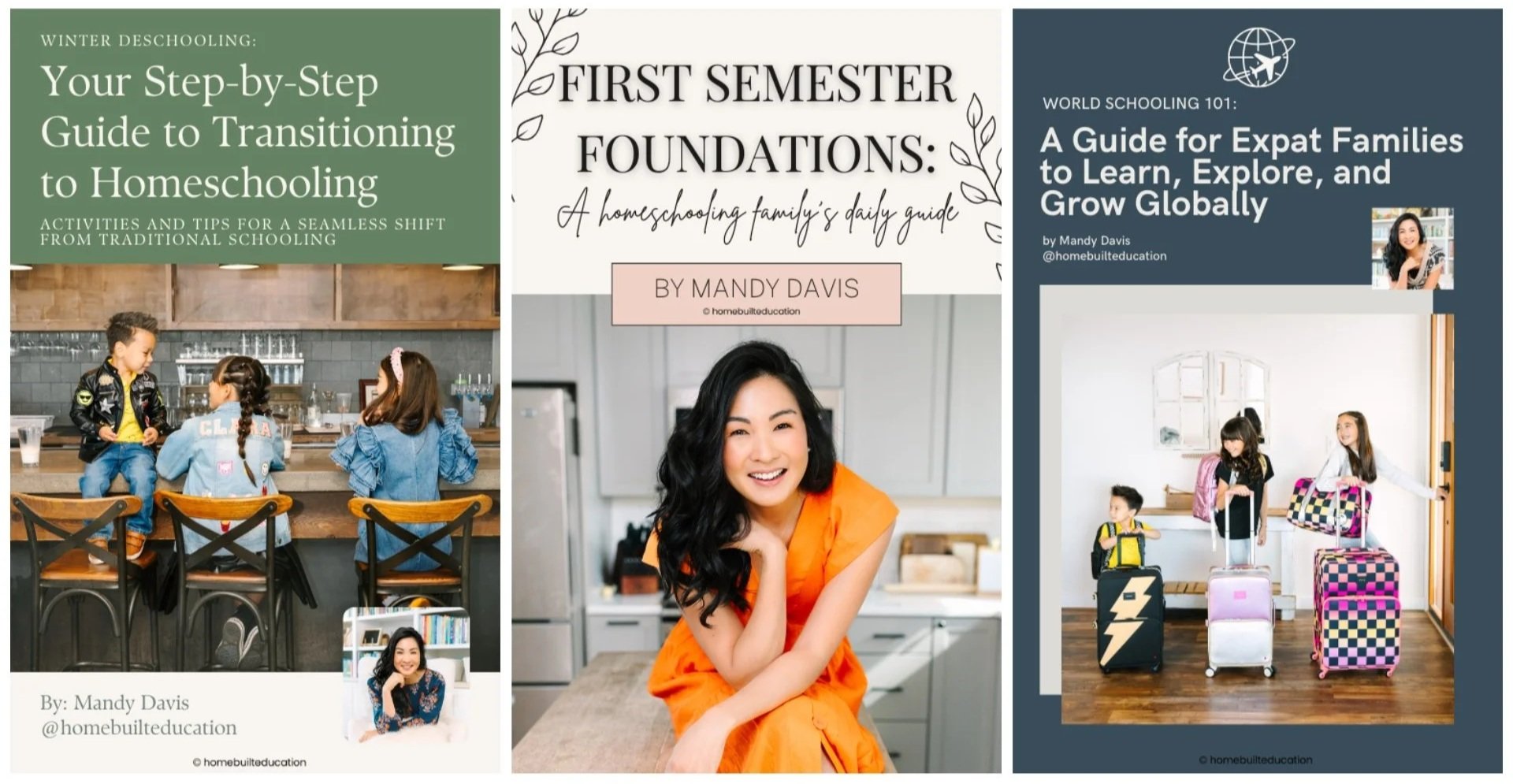 Three book covers about homeschooling and preschool transition. The first cover shows three children at a bar, the second features a smiling woman in an orange dress, and the third depicts three children with luggage walking through an open door.