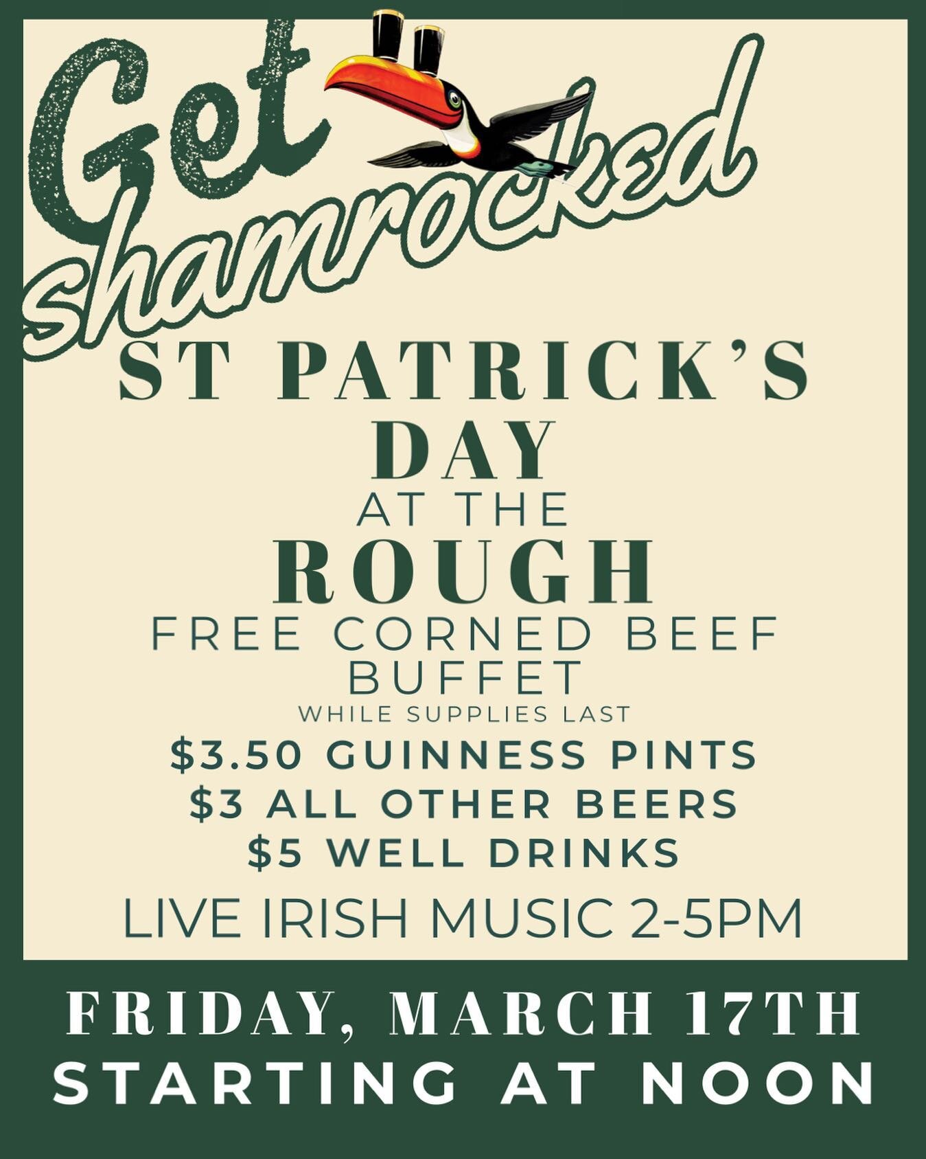 After two years, we are back for Saint Patrick&rsquo;s day! Free corned beef buffet, drink specials &amp; live Irish music by Sean Dennehy. Break out your best green and meet us 3/17 at noon ☘️ 🍻 
.
.
.
.
#yorkbeachmaine #therough #lobsterintherough