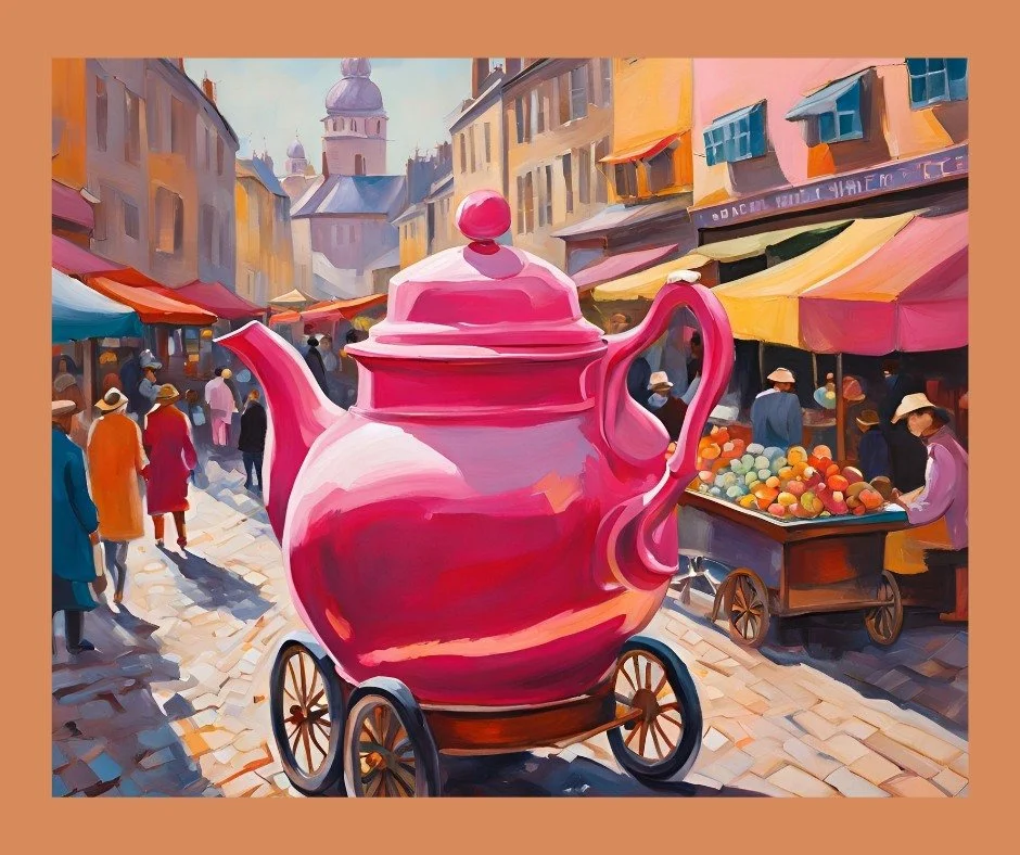 A vibrant painting of a busy marketplace with a giant pink teapot on wheels in the center, surrounded by colorful stalls and people shopping.