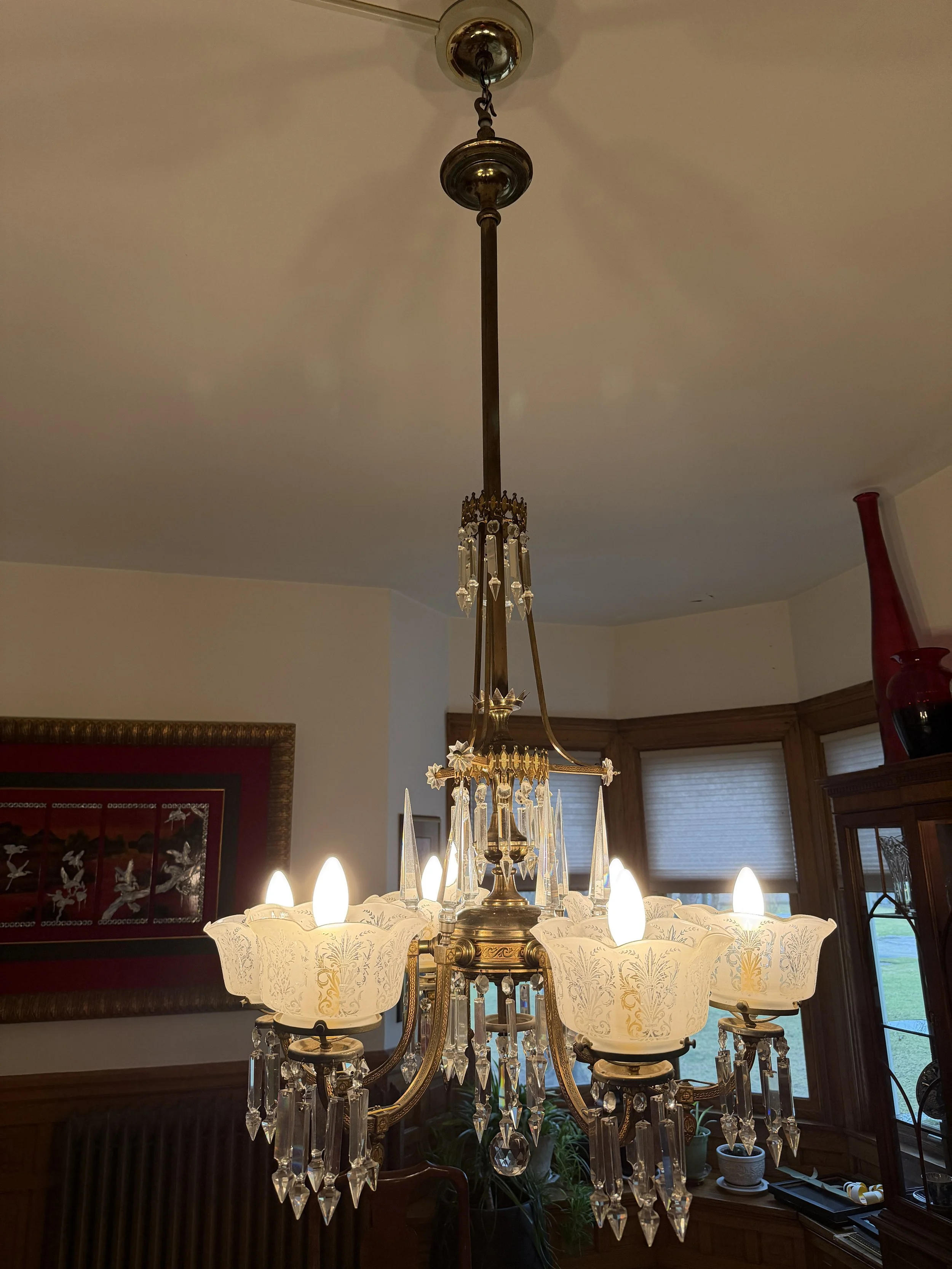 Electrified Bradley & Hubbard center fixture with crystals / private residence