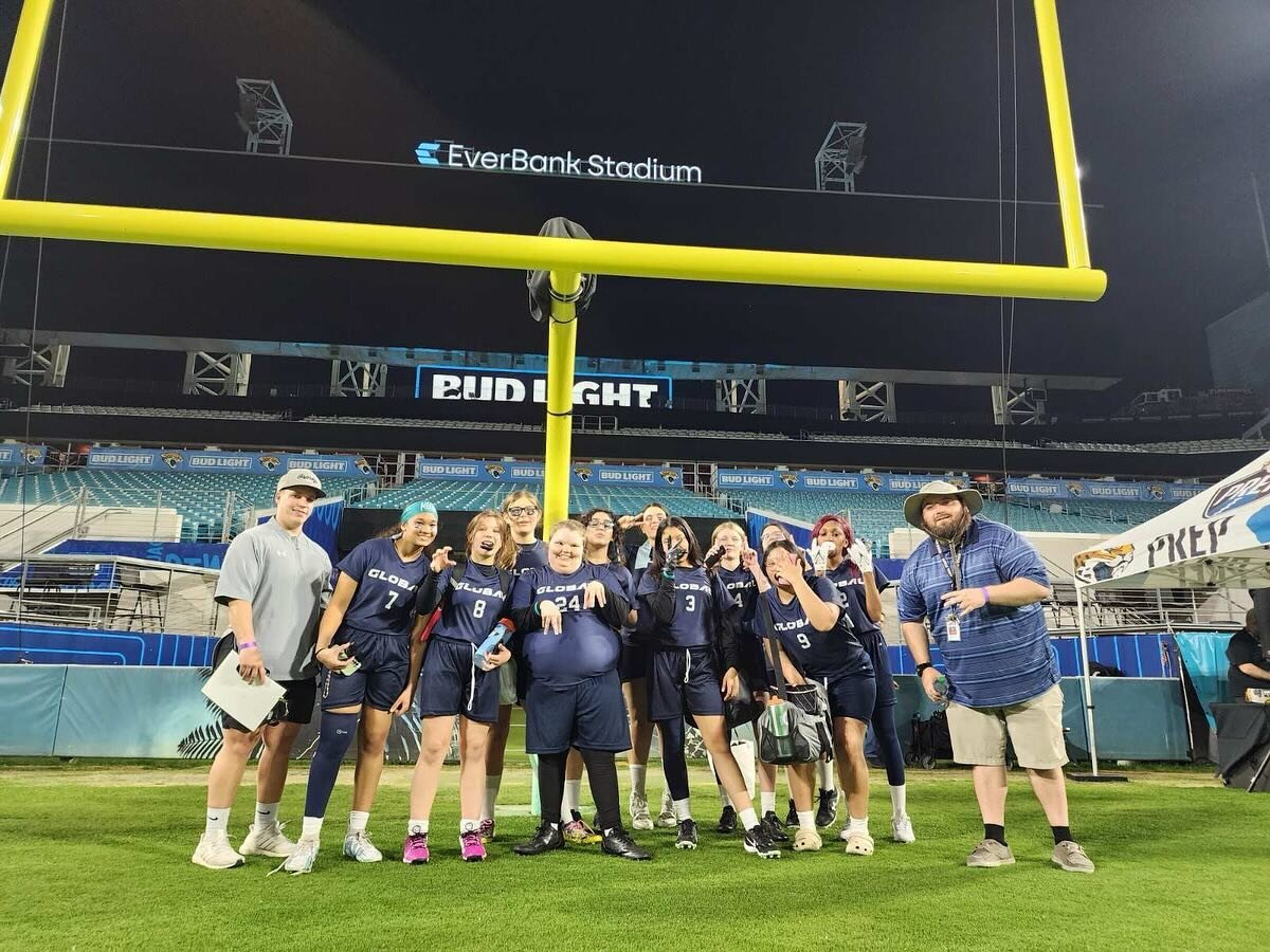 We have some STARS at Global!!! Our girls flag football team debuted at the Jags stadium and practice facility and WON their first game. Congrats girls and Coach Pawley! 🐻🏈 #girlpower