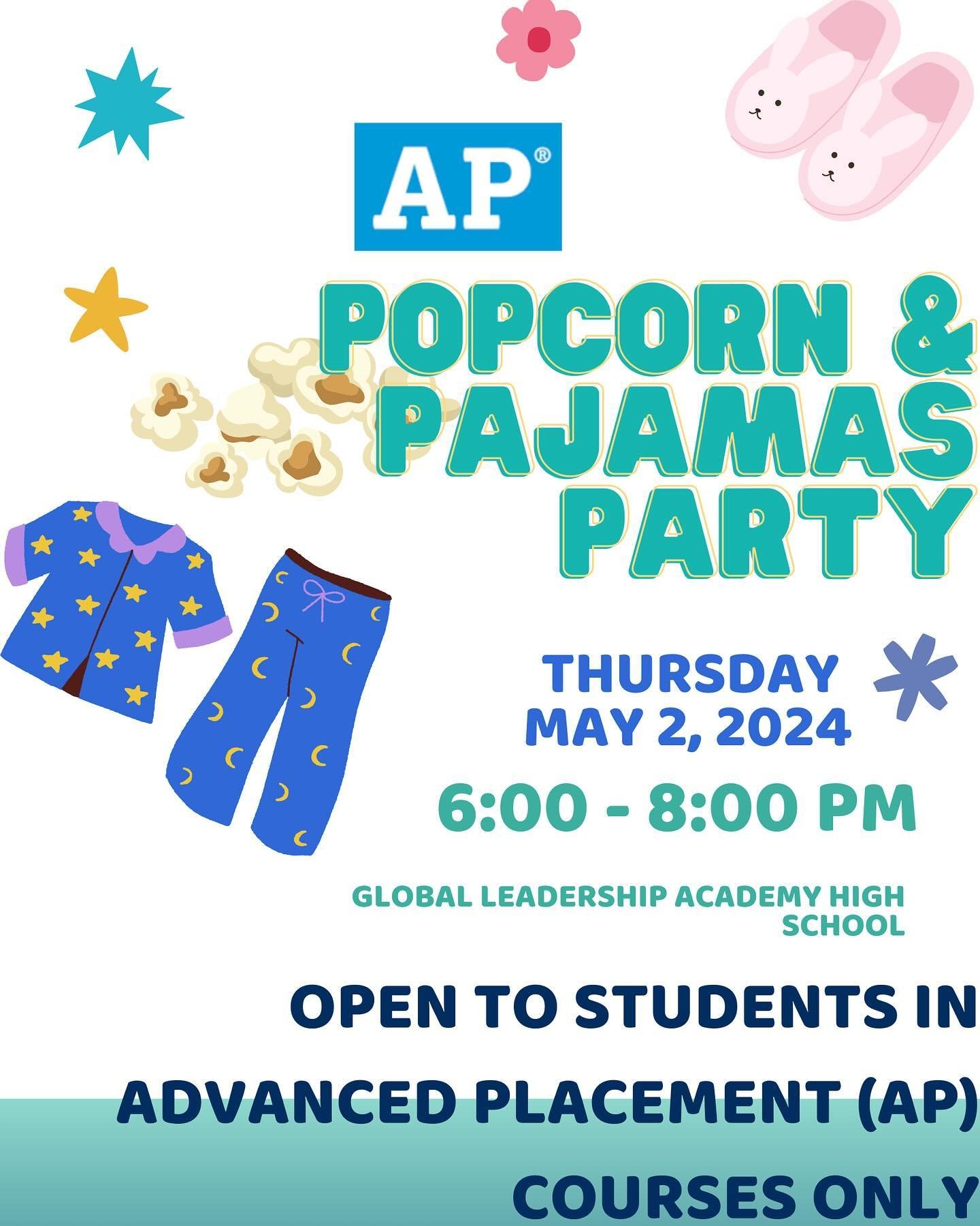 Tomorrow!! Any student who is taking an AP class this year is invited to our evening review session. You can wear pajamas &amp; we will supply the popcorn 🍿