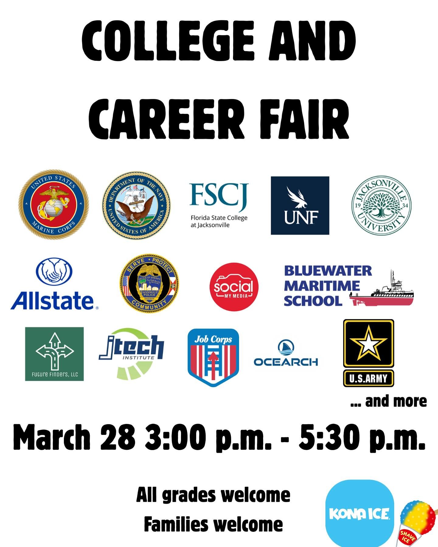 Families (and students) please join us at the high school campus Friday! Your student will be able to speak with colleges AND career representatives to help plan their futures. There are more than what is just listed on this flyer, so please stop by!