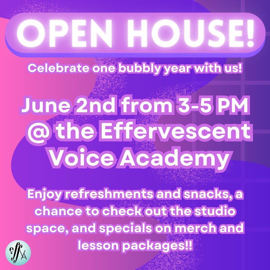 Come celebrate our one year anniversary with bubbly refreshments and snacks, a chance to check out the studio space, and specials on merch and lesson packages!

This June 2nd from 3-5 PM at the Effervescent Voice Academy studio. 🫧 🍾