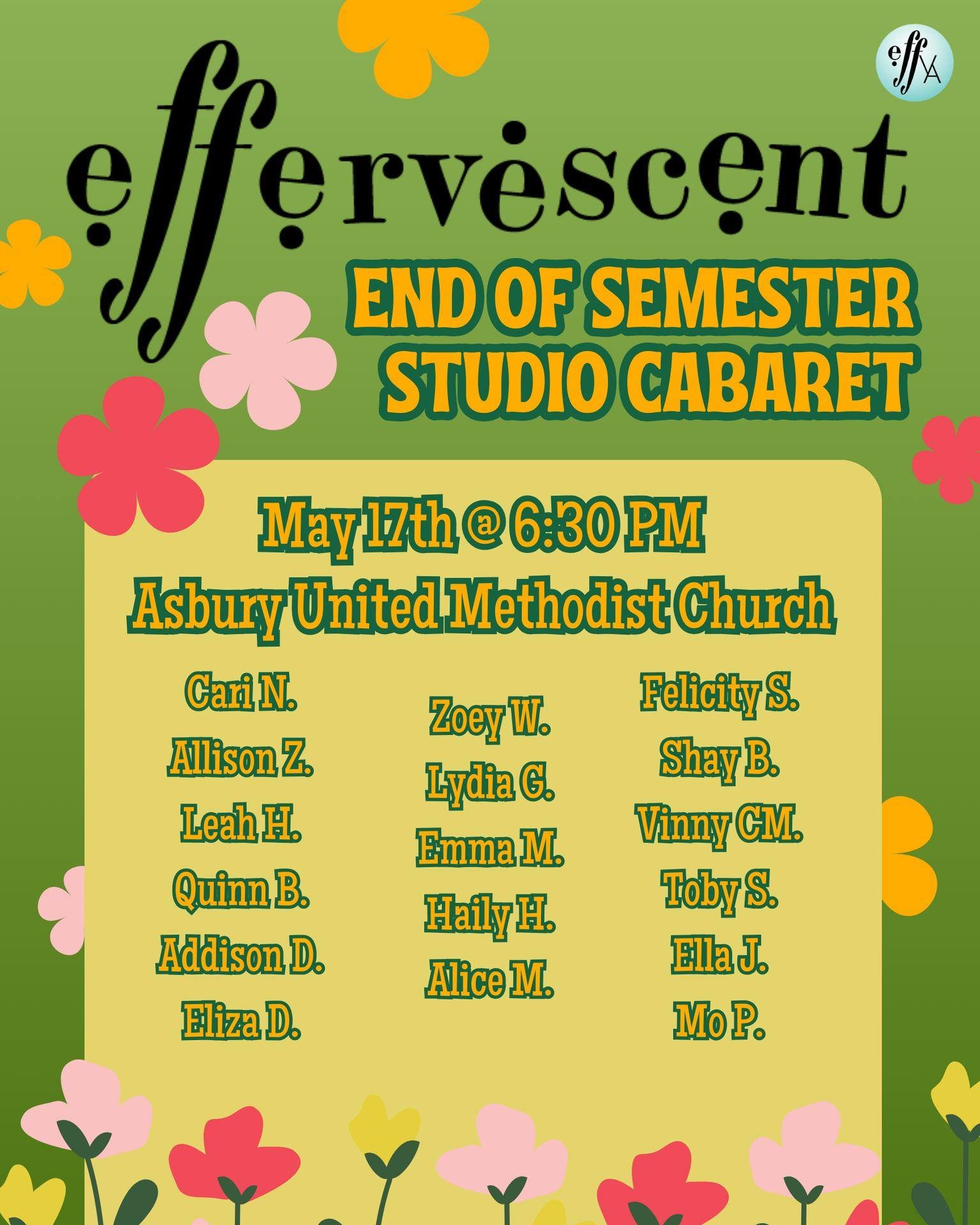 REMINDER! This Friday! ✨

We are holding an End of Semester Studio Cabaret May 17th at 6:30 PM, held at the Asbury United Methodist Church. This event lets students show off how much they have grown during their voice lessons and just have FUN! Come 