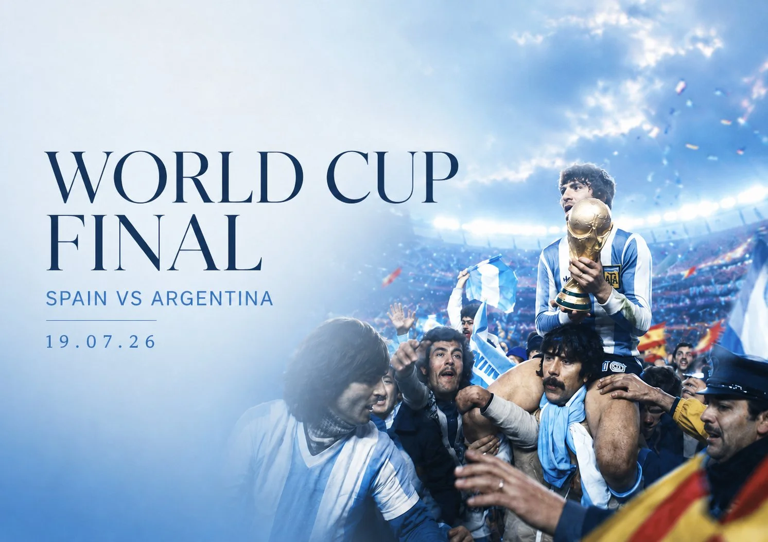 Image of a soccer celebration with players celebrating a victory, some holding flags, some wearing Argentina's team jerseys, with a trophy, against a stadium background, overlaid with text about the World Cup final between Spain and Argentina on July 19, 2026.