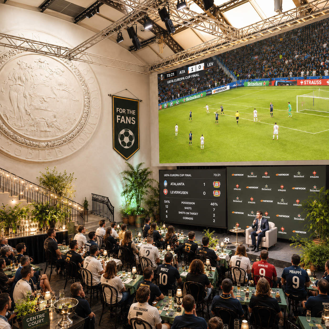 Sports bar hosting UEFA Europa Cup Final viewing with fans watching a soccer match on large screens, surrounded by plants and festive decorations.