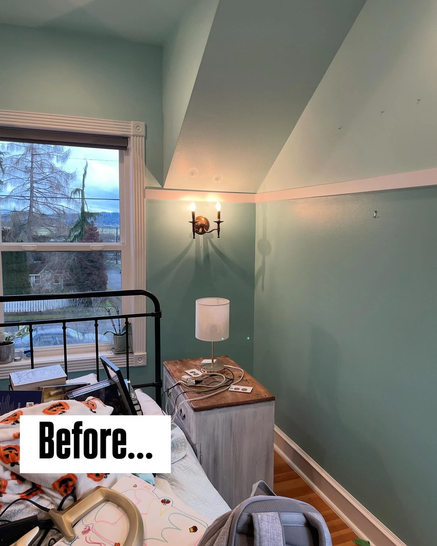 Sherwin Williams Basil provides the perfect setting for this 16 year old&rsquo;s room&hellip;a lover of plants, nature and books. She now has her cozy, more mature bedroom to enjoy!  Also&hellip;wallpaper on the ceiling?? Yes please!